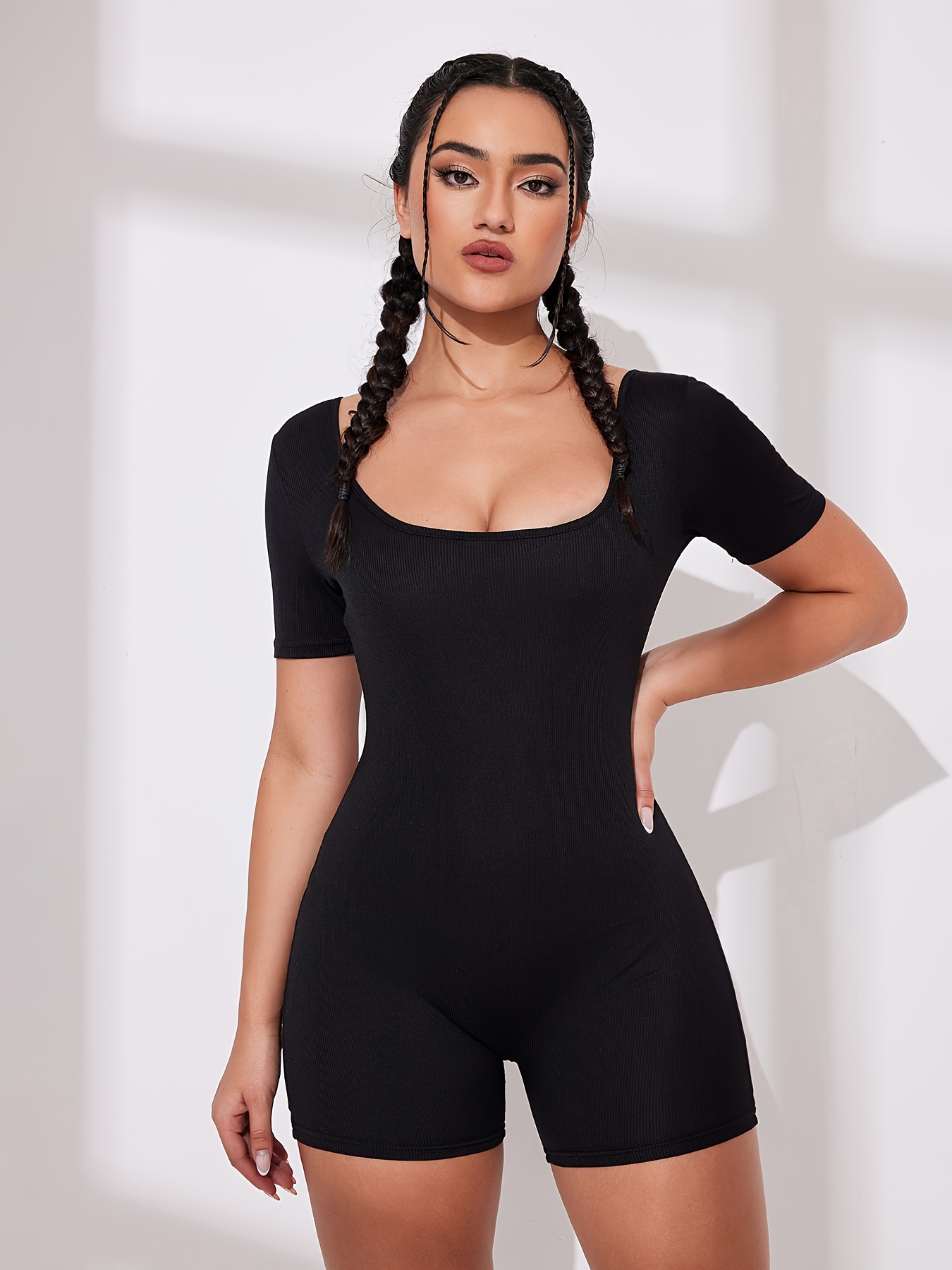 Women's Ribbed Yoga Rompers Workout Solid Color Short Sleeve - Temu
