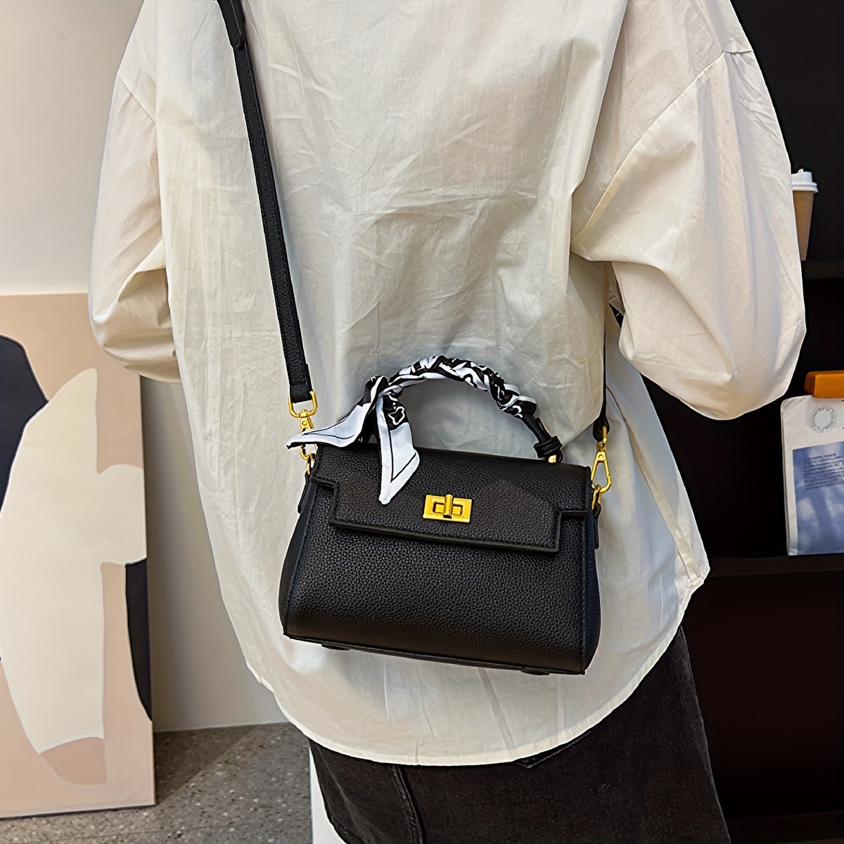Luxury Vegan Leather Handbag, Scarf Decor Shoulder Purse, Fashion