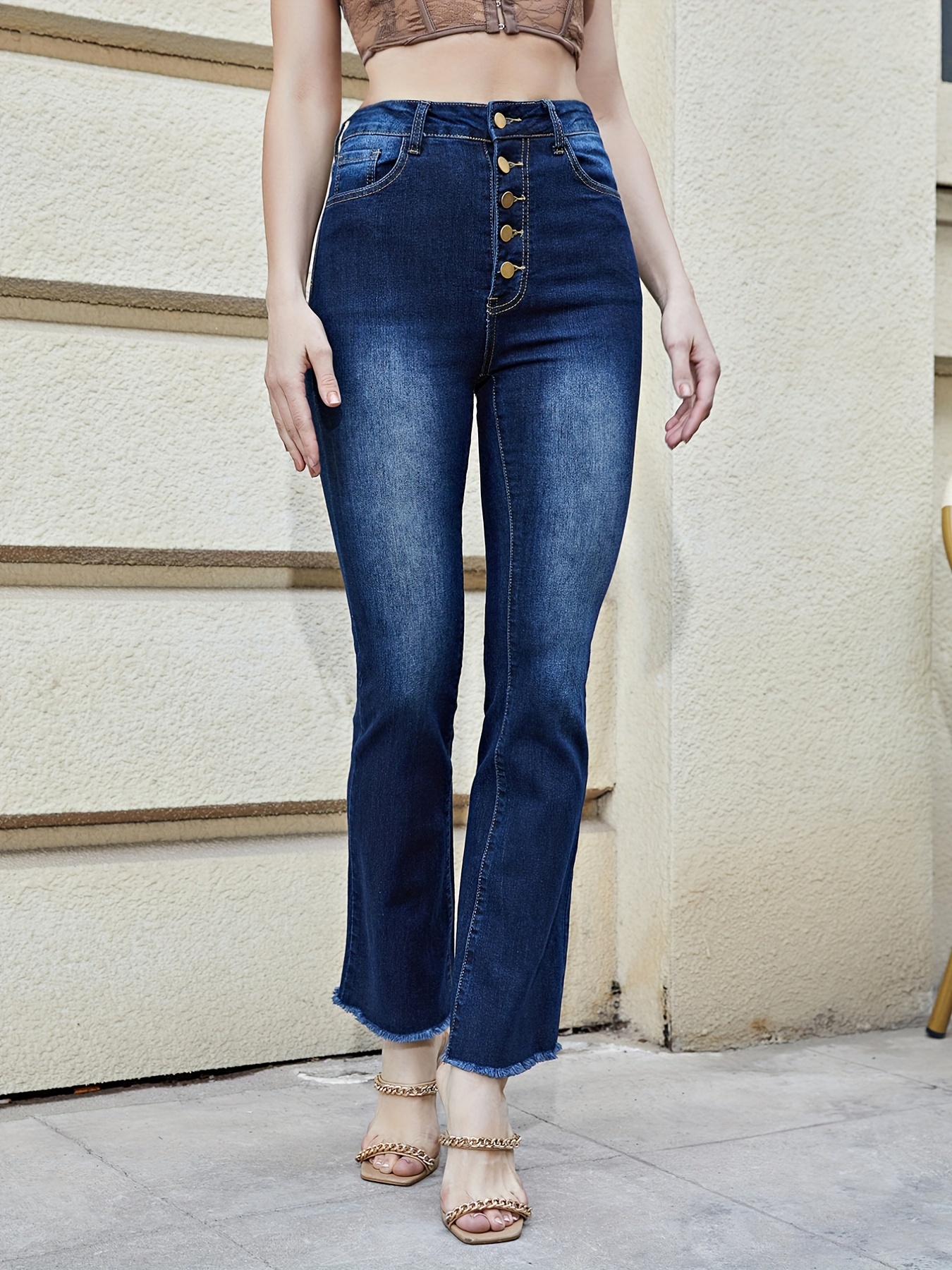 Single Breasted Button Skinny Jeans Slim Fit Slant Pockets - Temu