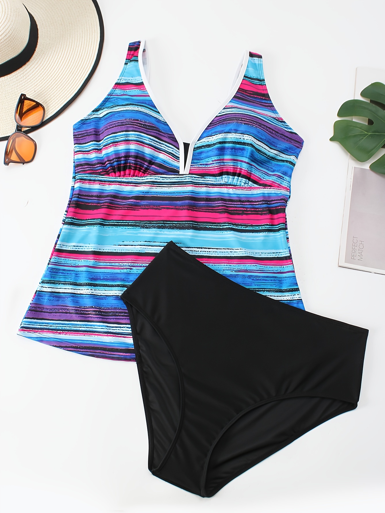 Plus Striped Print V Neck Cami Top with Panty Set