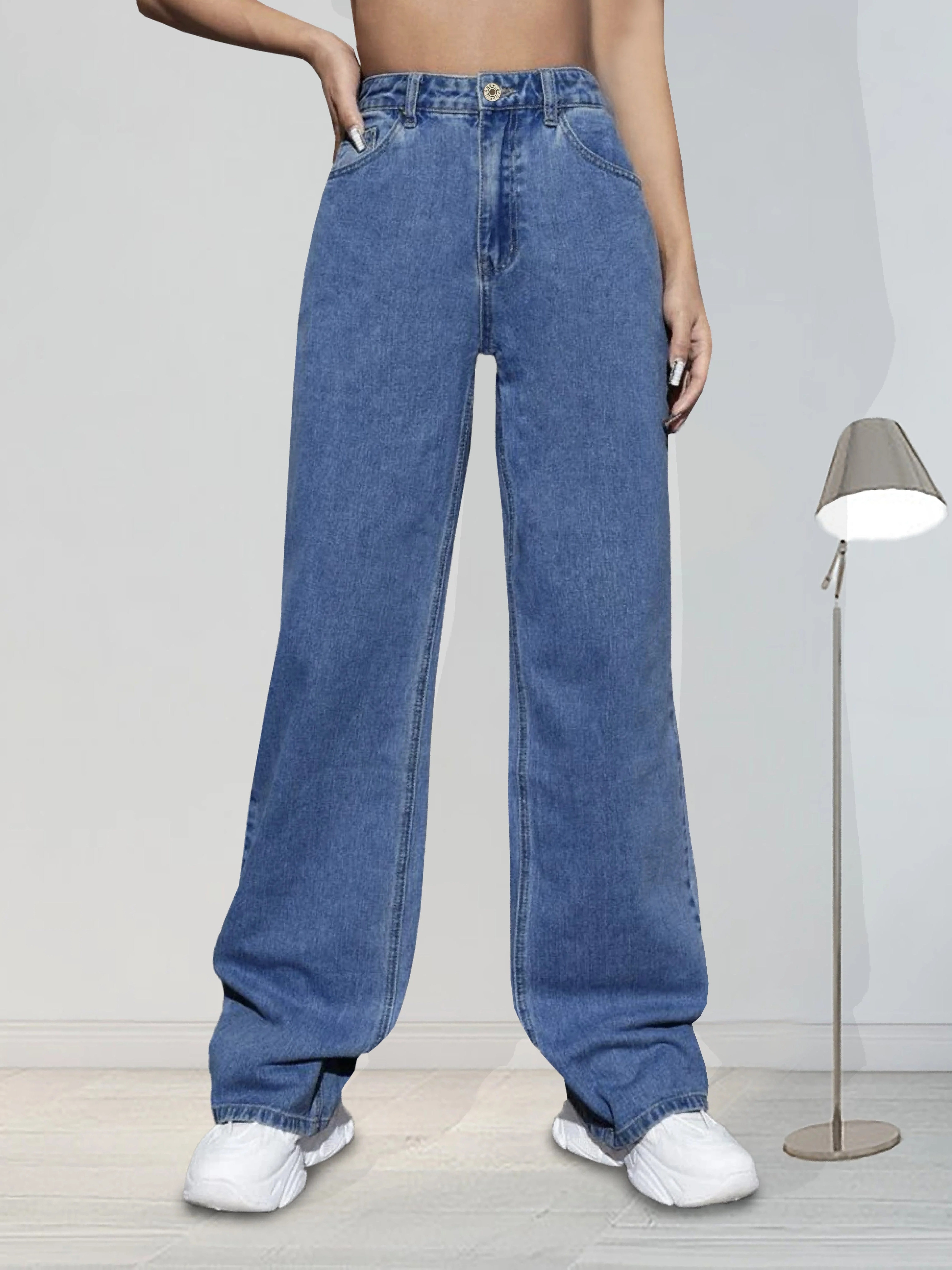 Blue High Stretch Flare Jeans Slim Fit Slant Pockets - Temu Canada