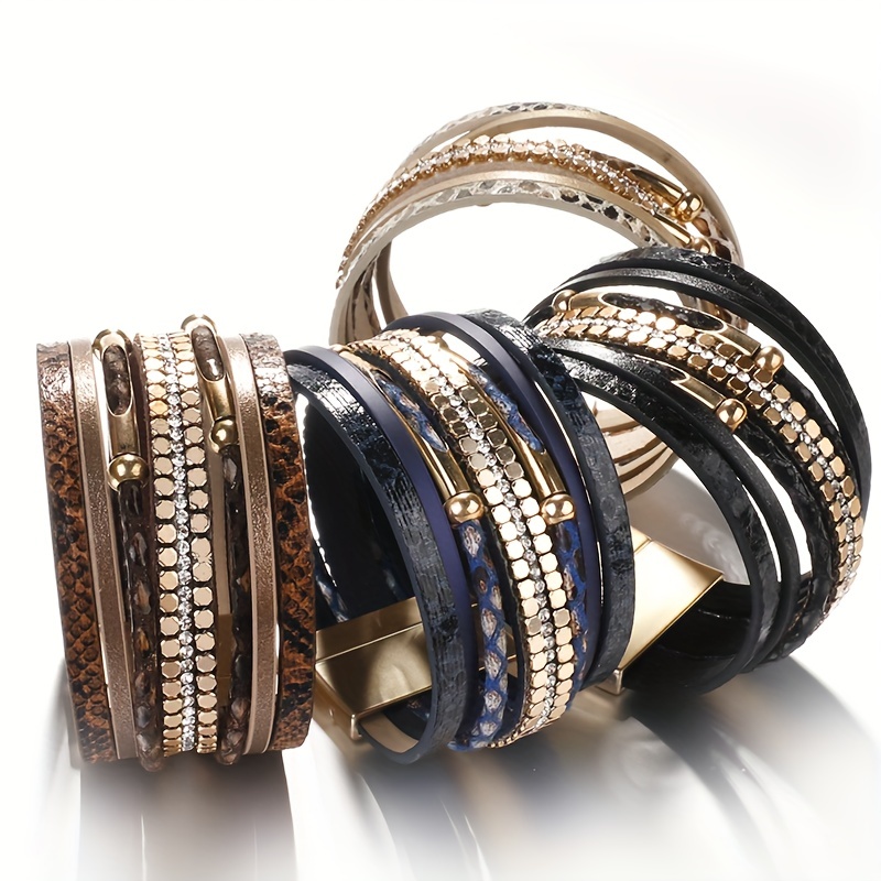 Snakeskin Pattern Leather Bracelet Multilayer Wrap Magnetic Clasp