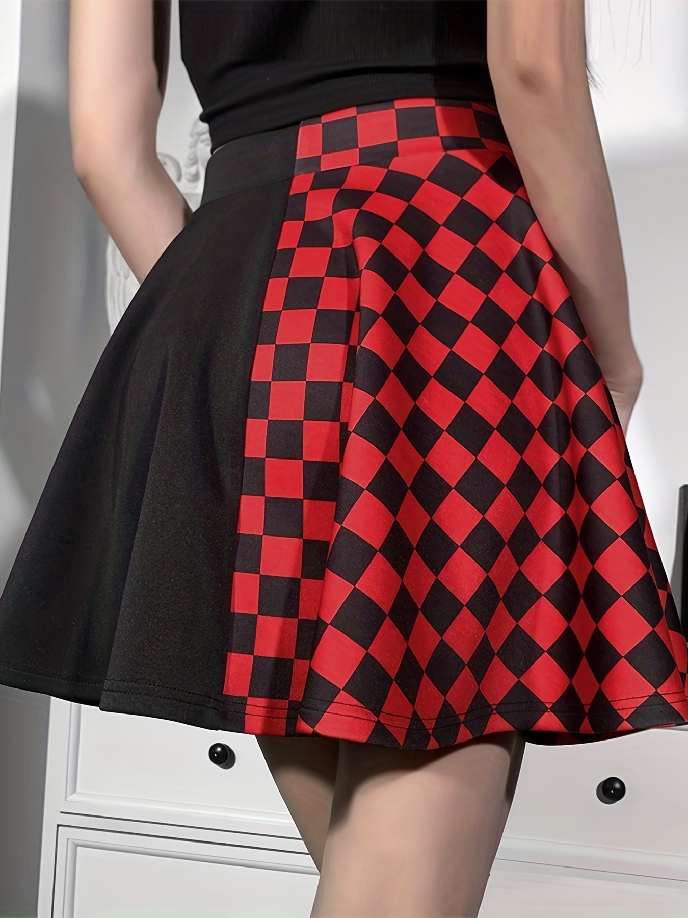 Chessboard Print Splicing Skirt Gothic Ruched Punk Mini - Temu