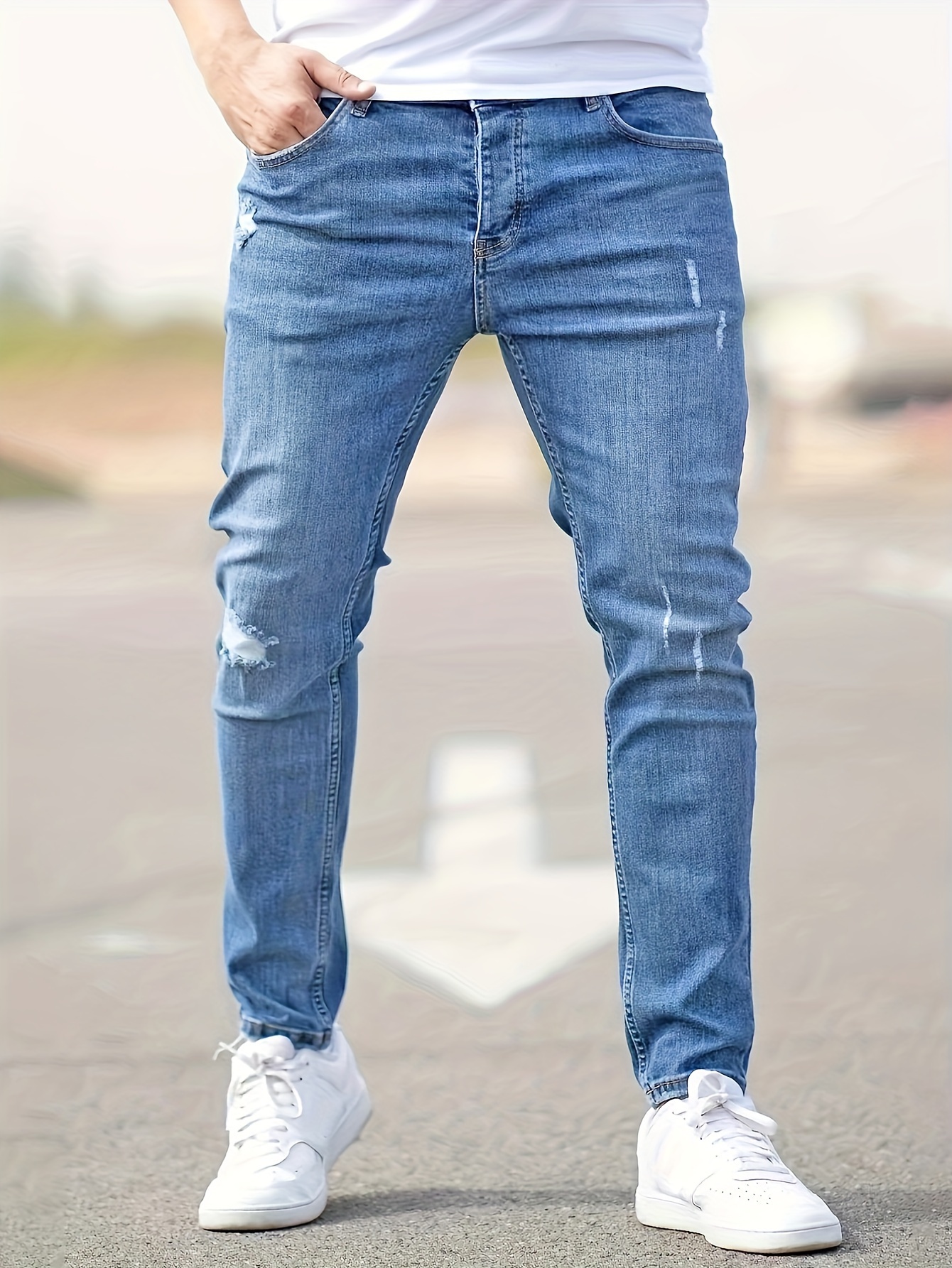 Ripped Design Cotton Slim Fit Jeans Men's Casual Street - Temu