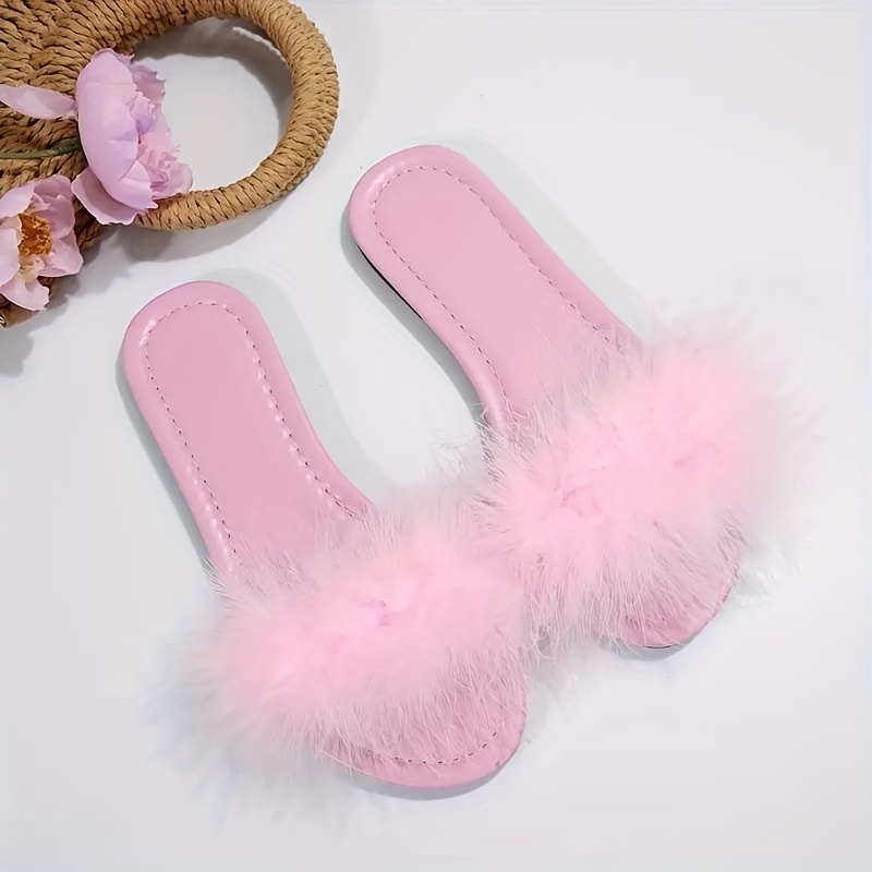 Women's Solid Color Slide Sandals, Casual Faux Fur Decor Flat Summer Shoes,  Lightweight Slide Sandals - Temu United Arab Emirates