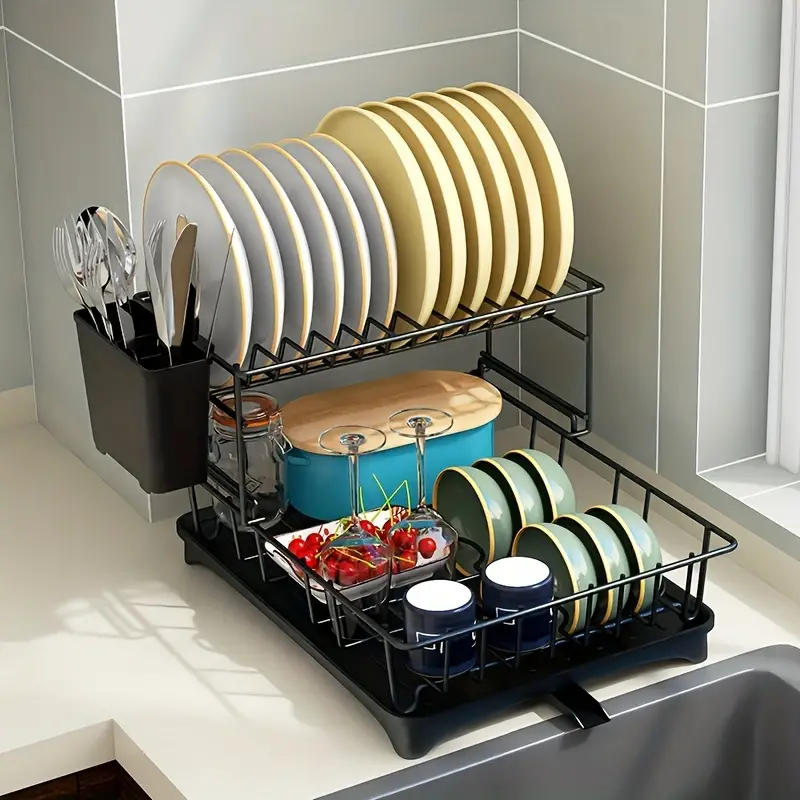 2-tier Dish Drying Rack For Kitchen, With Drainboard Rust