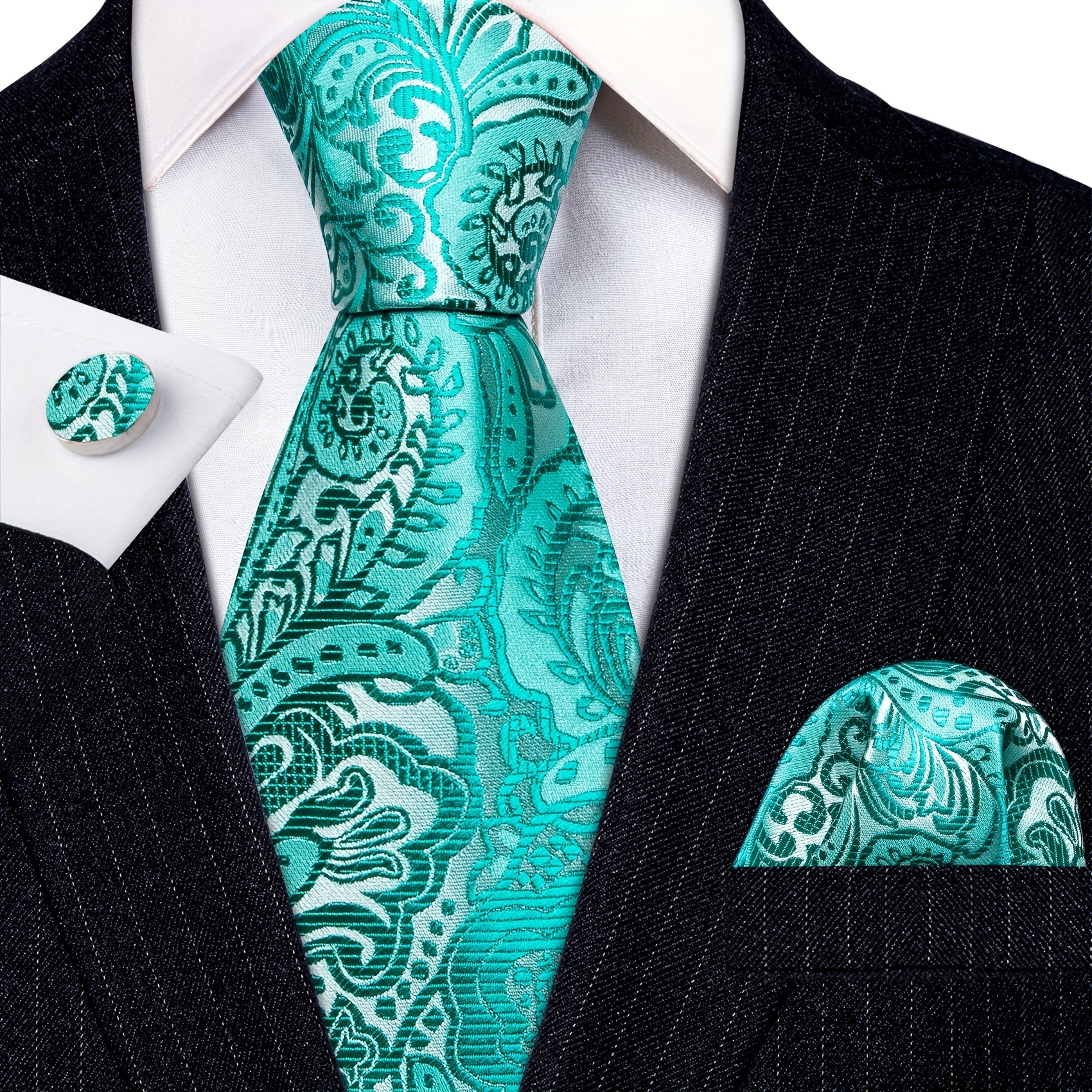 Men's Jacquard Tie, Hankerchief, Cufflinks Set