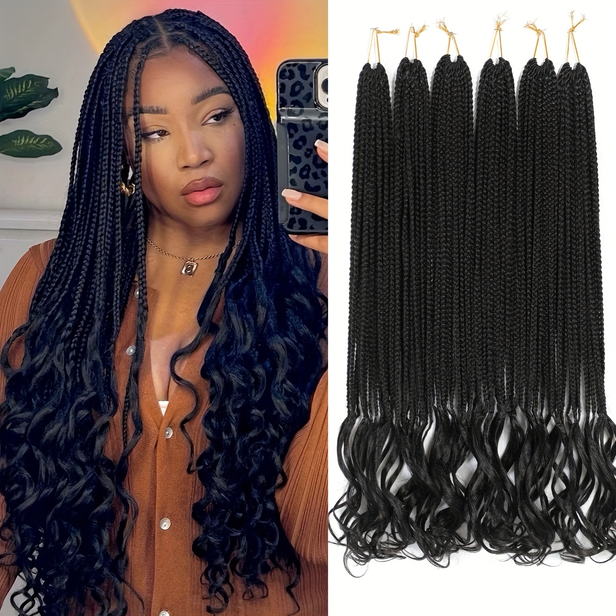6 Packs Black Pre Looped Crochet Box Braids Hair with Curly Ends