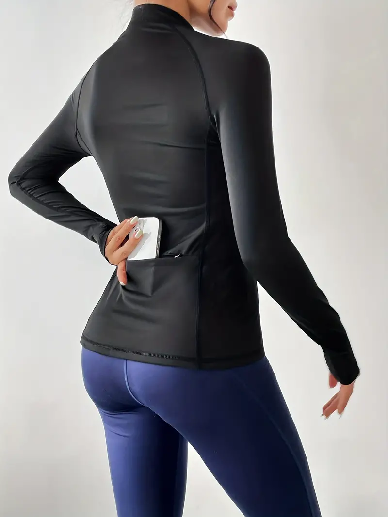 Long Sleeve Fitness Sports Jacket With Zipper, Slim Fit Sports Top Jacket  With Back Pocket, Women's Tops