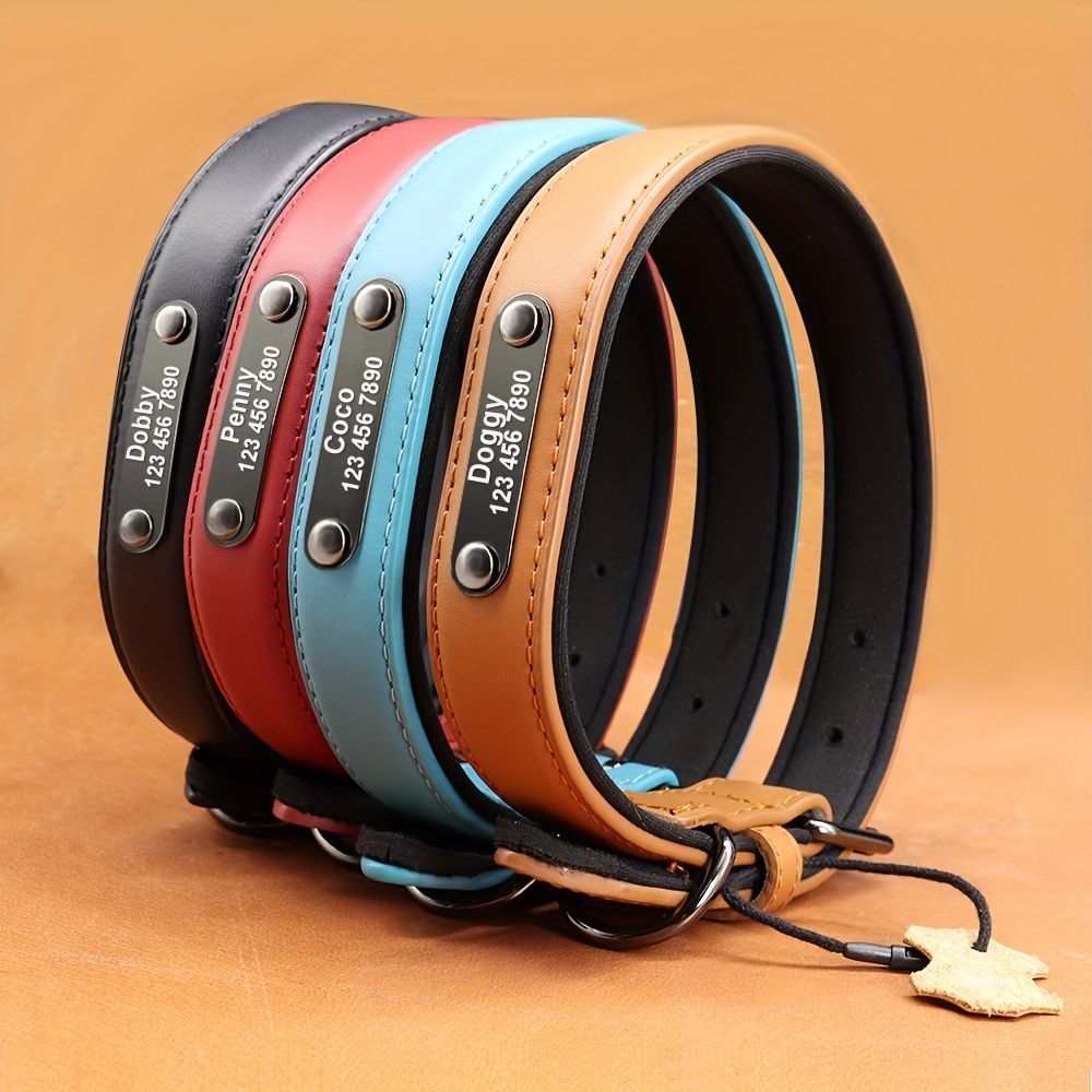 

Personalized Leather Dog Collar, Soft Durable Dog Neck Collar With Nameplate, Engraved Pet Name Phone Number Suitable For Small And Medium Dogs
