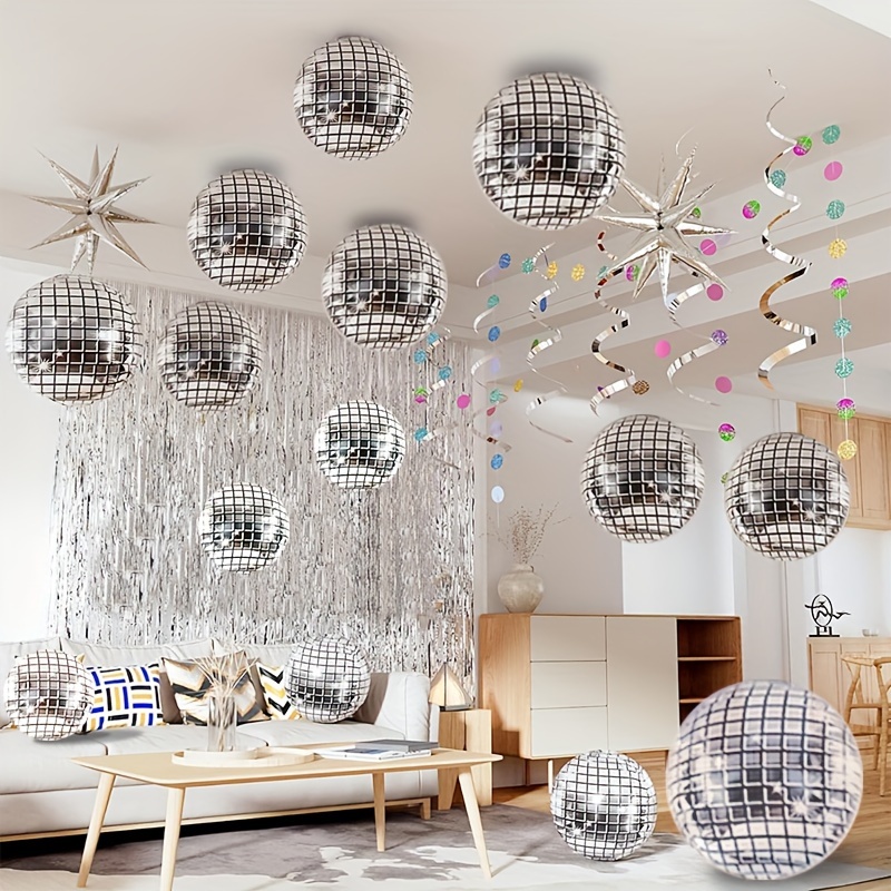 

11pcs Silvery Disco 4d Aluminum Film Balloons, Including 1 Straw, 1 Roll Of Ribbon, Suitable For Dance Halls, Singing Halls, Playing Places, Party Party Decorations