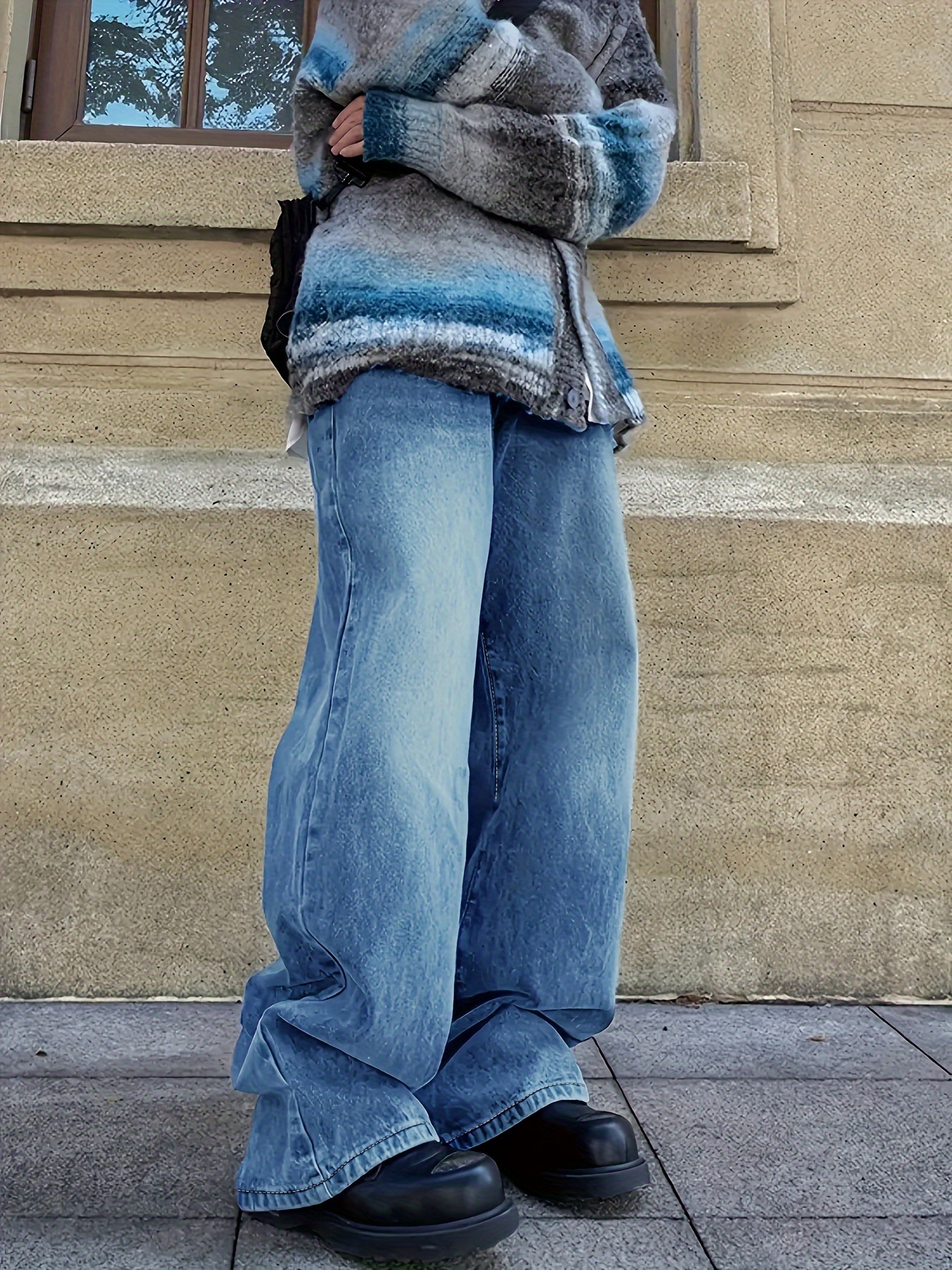 Loose Jeans Retro High Waist Wide Leg Jeans Women's Blue Street Fashion  Straight Pants (Color : Light Blue, Size : Small)