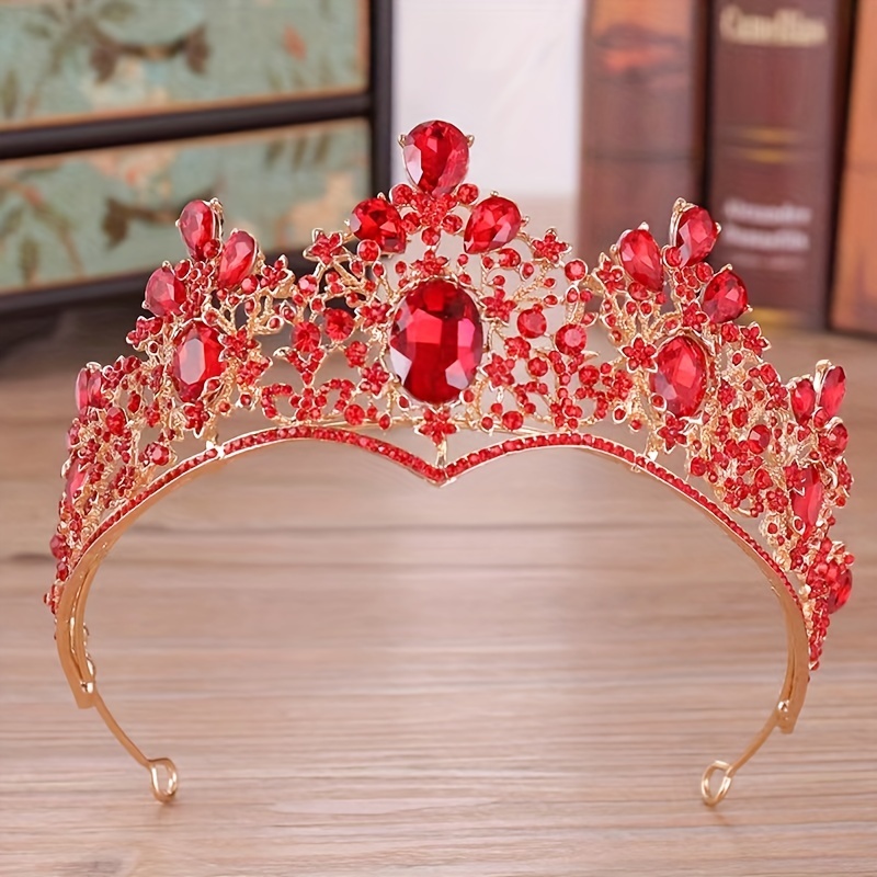 Baroque Red Blue Green Crystal Bridal Tiaras Crown Vintage Gold Hair Accessory - Gold Green