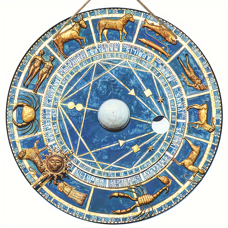 Old World Celestial Blue Zodiac Astrology Wheel Wood Sign Temu