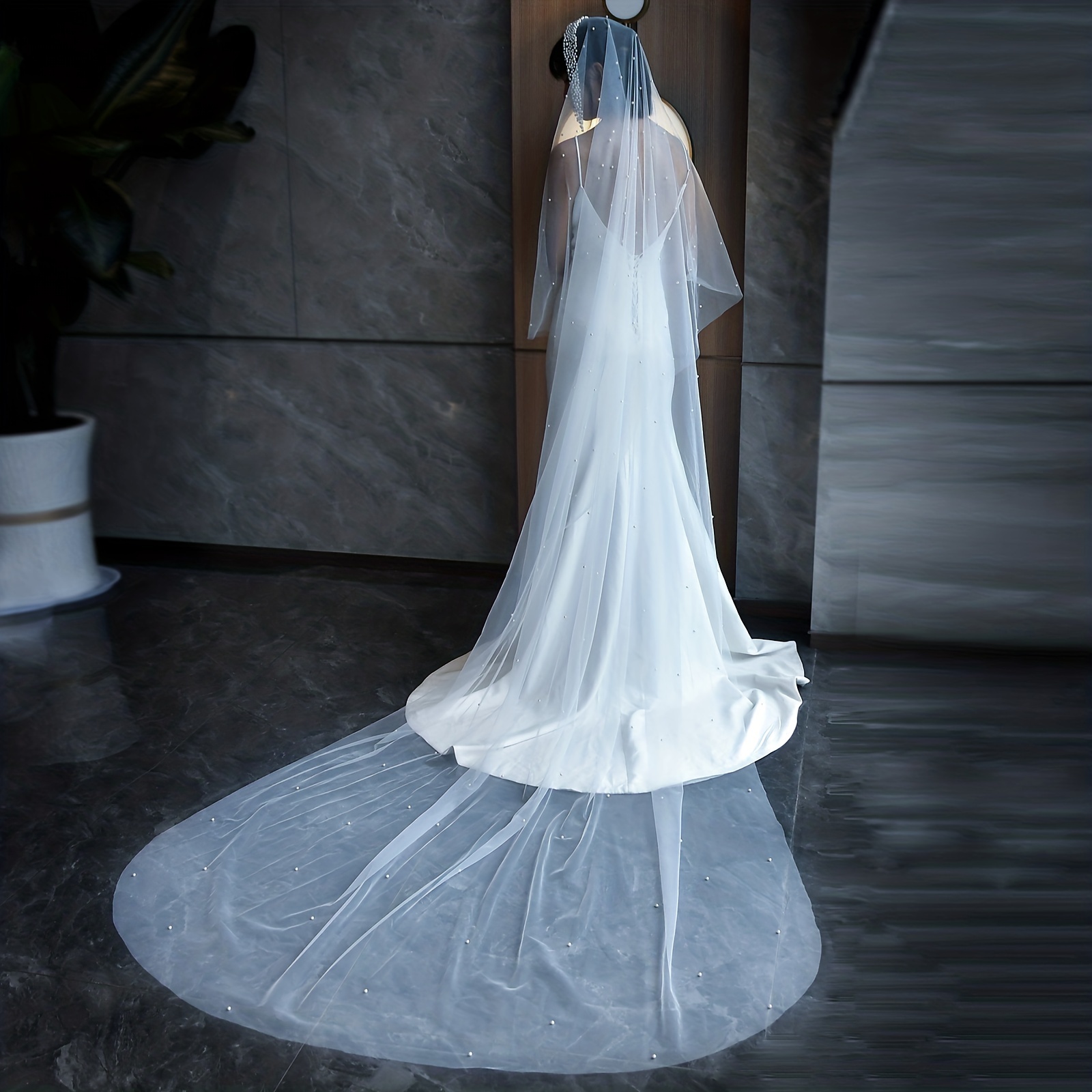 1pc Women Faux Pearl Decor Romantic Bridal Veil For Wedding