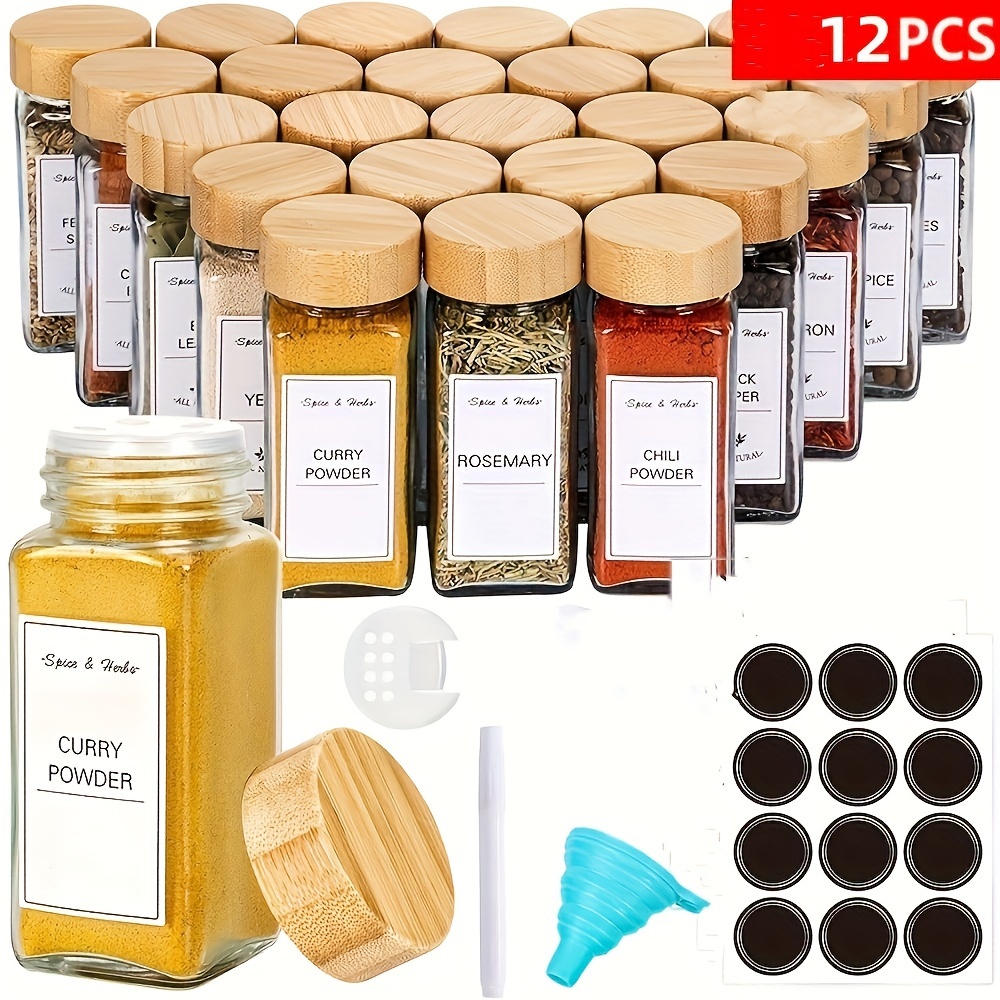 5pcs/12Pcs Glass Spice Jars With Bamboo Lid, Spice Seasoning Containers,  Salt Pepper Shakers, Spice Organizer, Kitchen Spice Jar Set, Kitchen  Accessor