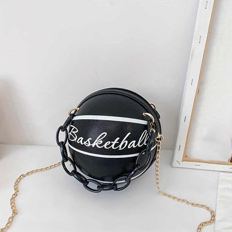 Basketball Shaped Crossbody Bag, Trendy Y2K Chain Shoulder Bag, PU Top  Handle Circle Purse
