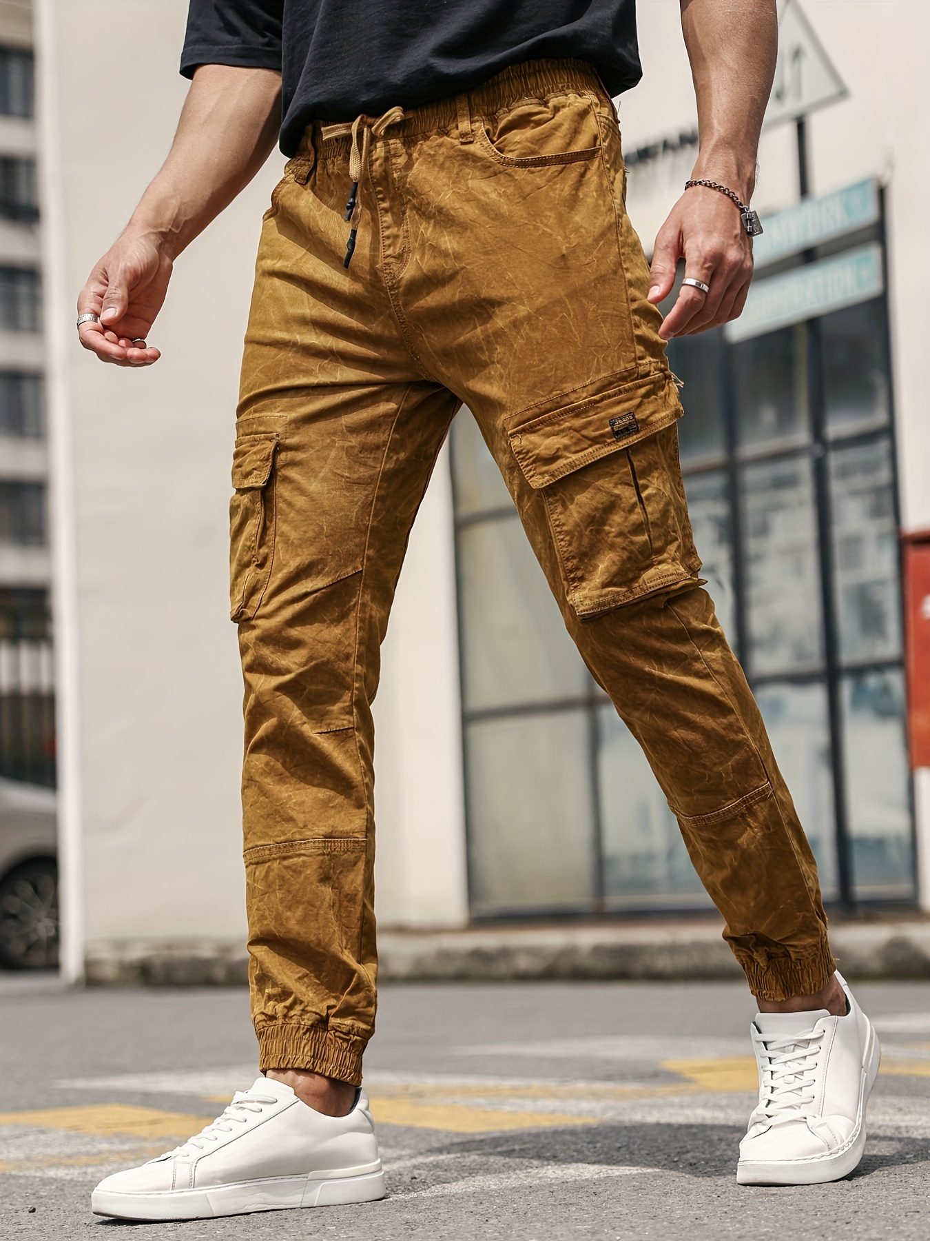 Plain Multi Pockets Tie Belt Cargo Jeans Solid Color Loose - Temu Italy