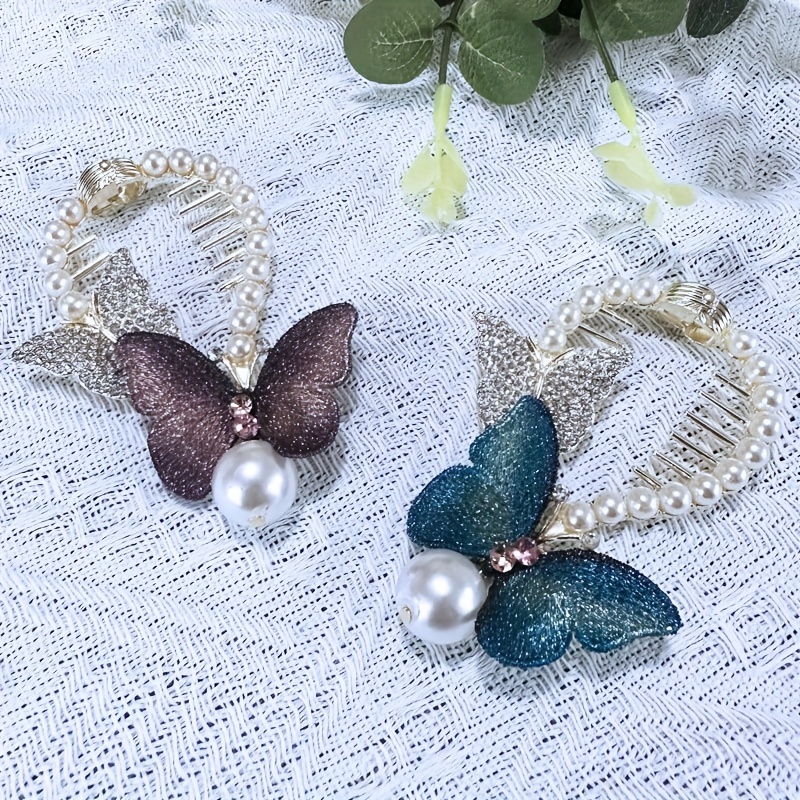 Rhinestone Butterfly Faux Pearl Banan Clip Embroidery Vintage Butterfly  Hair Claw Hair Accessories For Women