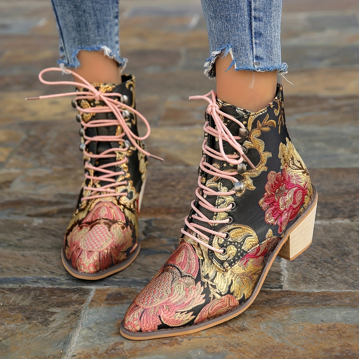 

Women's Vintage Flower Boots, Lace Up Chunky Heel Western Cowboy Boots, Point Toe Stylish Chelsea Boots Fall