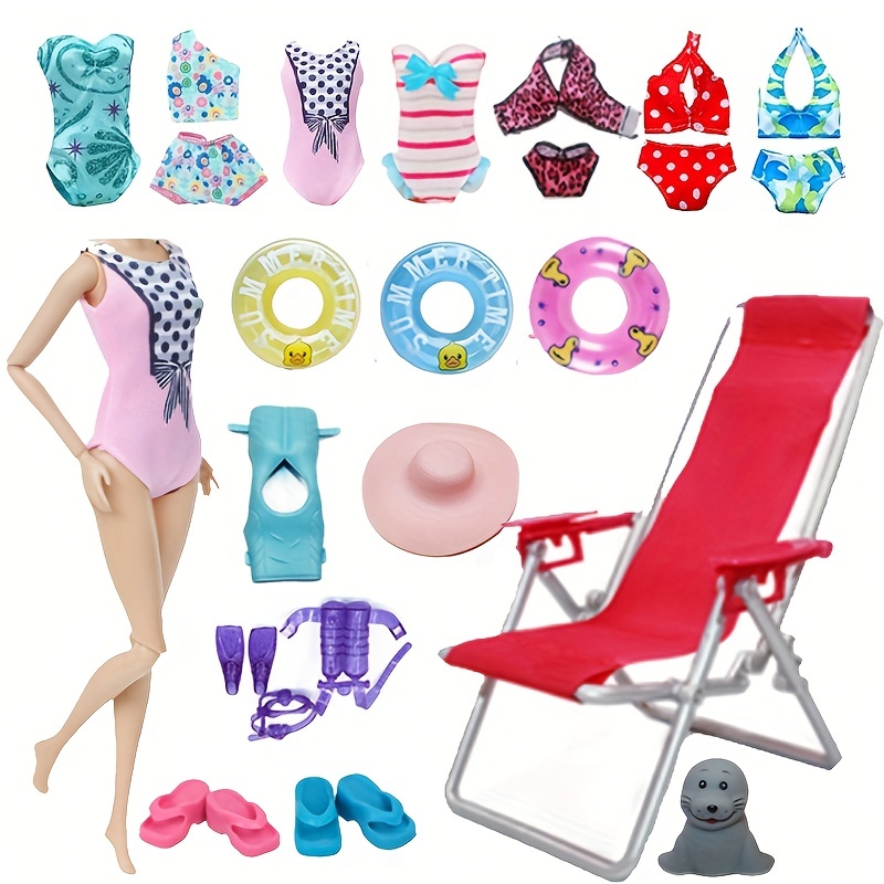 4Pcs Set Accessories Swimwear For 30cm/11.5'' Dolls Bikini Set Diving Suit  Set Swim Ring Sunhat * Beach Chair Slipper Shoes Playset Toys For Girls  Summer Doll Clothing And Accessories (No Doll)