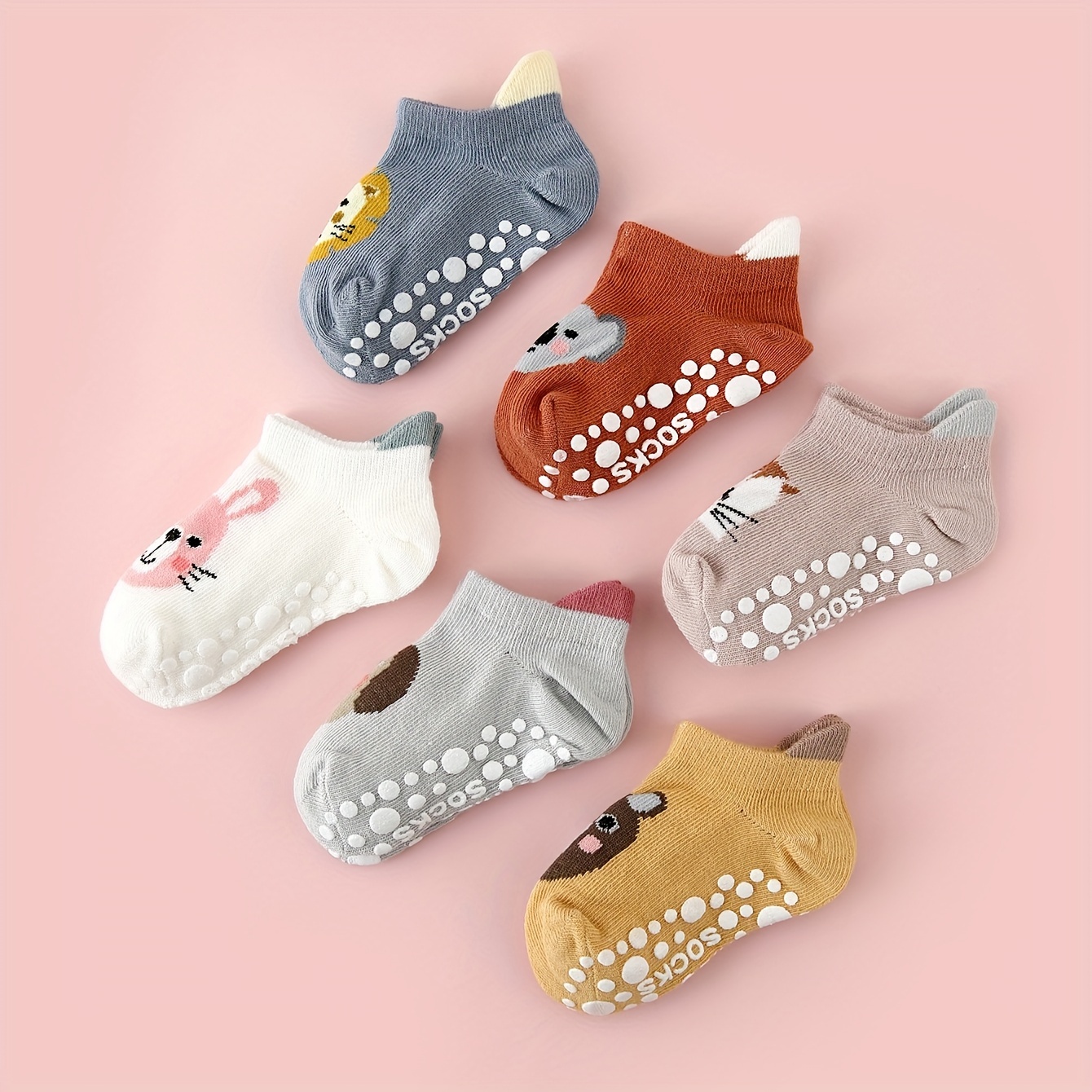 

6pairs Baby Boys Girls Unisex Cute Cartoon Animal Pattern Cotton Blend Anti-slip Floor Socks, Infants Baby Toddlers Trampoline Socks Boat Socks Ankle Socks