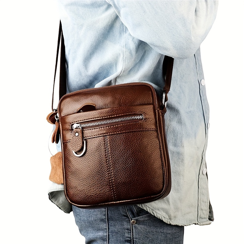 mens genuine leather crossbody bag multifunction vertical shoulder bag for outdoor travel work casual messenger bag