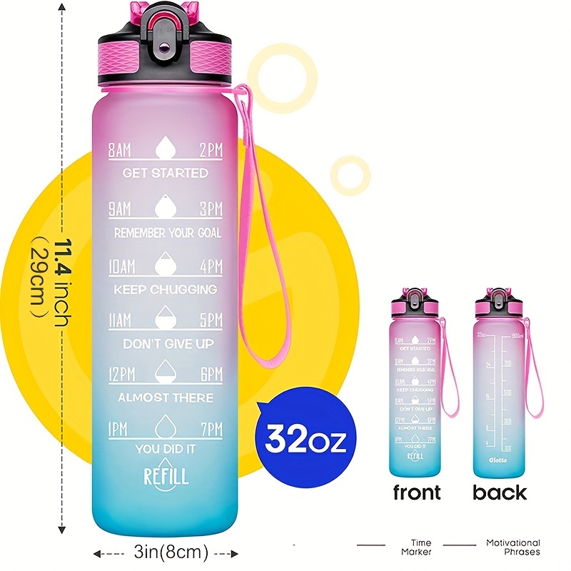 Motivational Sports Water Bottle,32 Ounce Water Bottle with Time Marker,1 Liter Gym Water Bottle, One Click Open-Easy Carry Handle SpillProof,BPA