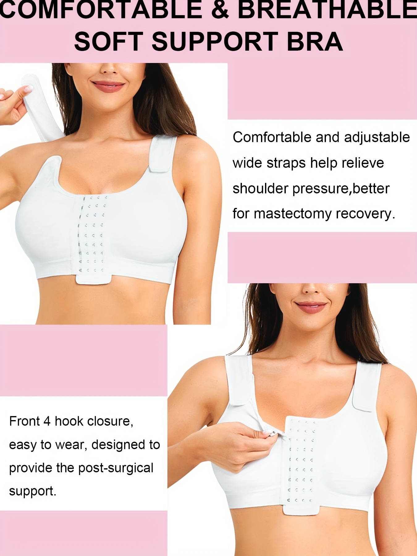 Women's Front Closure Wirefree Post Surgery Plus Size Back Support Posture  Bra
