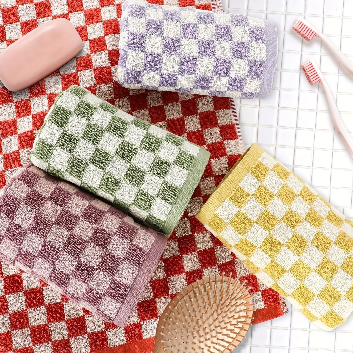 5pcs Plaid Pattern Hand Towel Cotton Soft Face Towel Absorbent Hand Towel