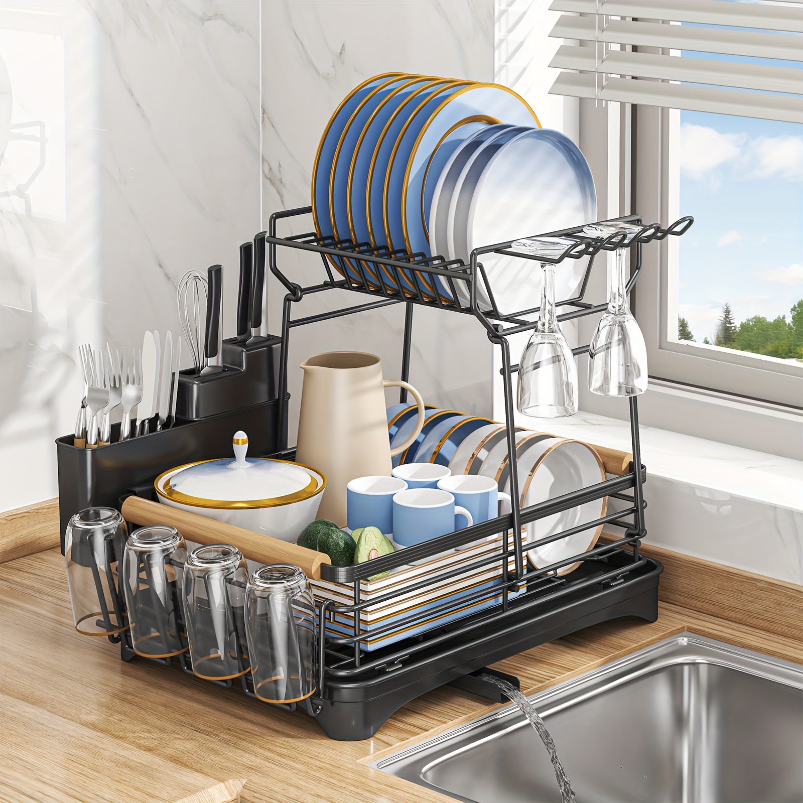 Dish Drying Rack-2 Tier Stainless Steel Large Dish Rack with Drain Board  for Kitchen Counter Drainage, Dish Drainers with Wine Glass Holder, Utensil