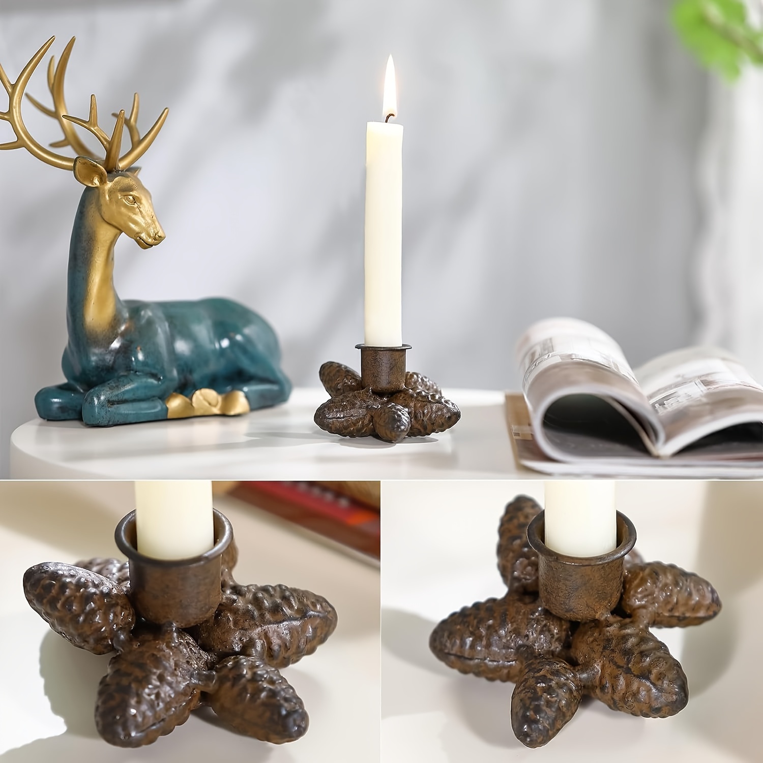 2pcs/set Metal Candlestick Holders, Rustic Pinecone Taper Candle Holders,  Pine Cone And Bell Decorative Candle Sticks Holder For Dining Room Table Wed