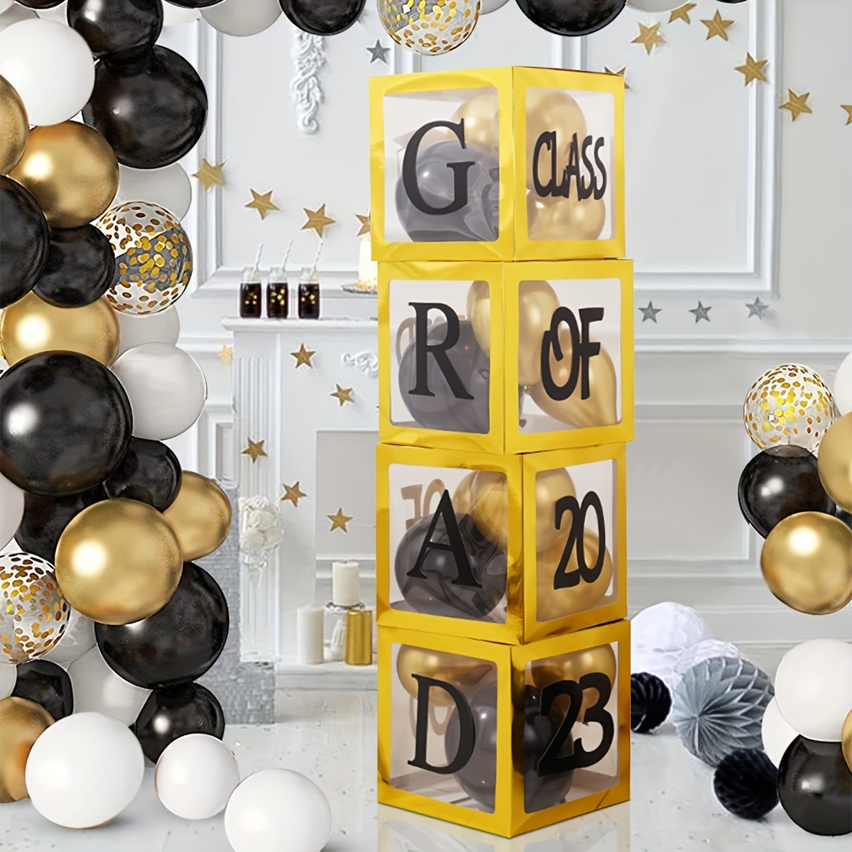 Black and gold backdrop  Birthday decorations, Grad party decorations,  Balloon decorations