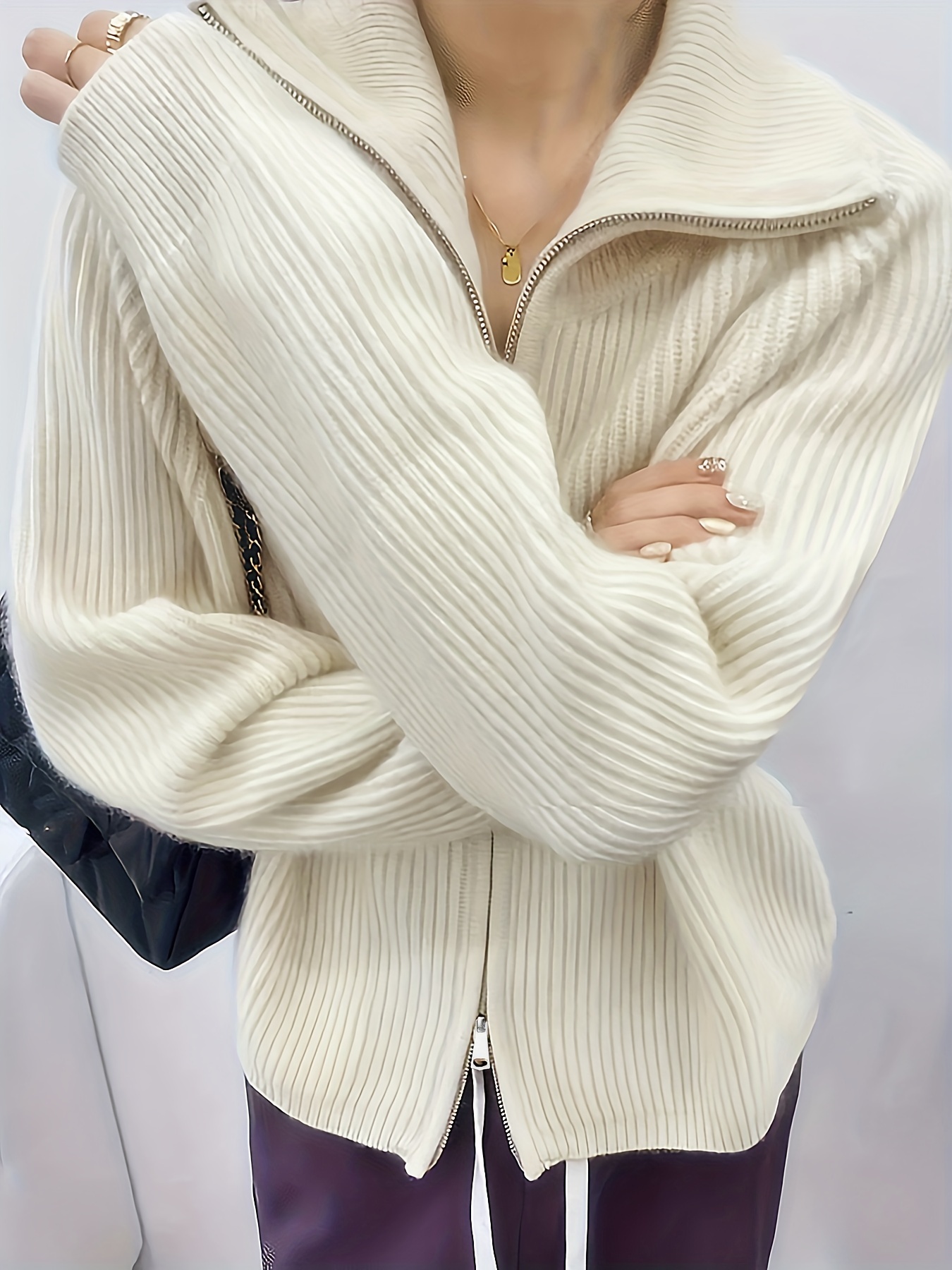 Knit Zip-up Cardigan - White - Ladies