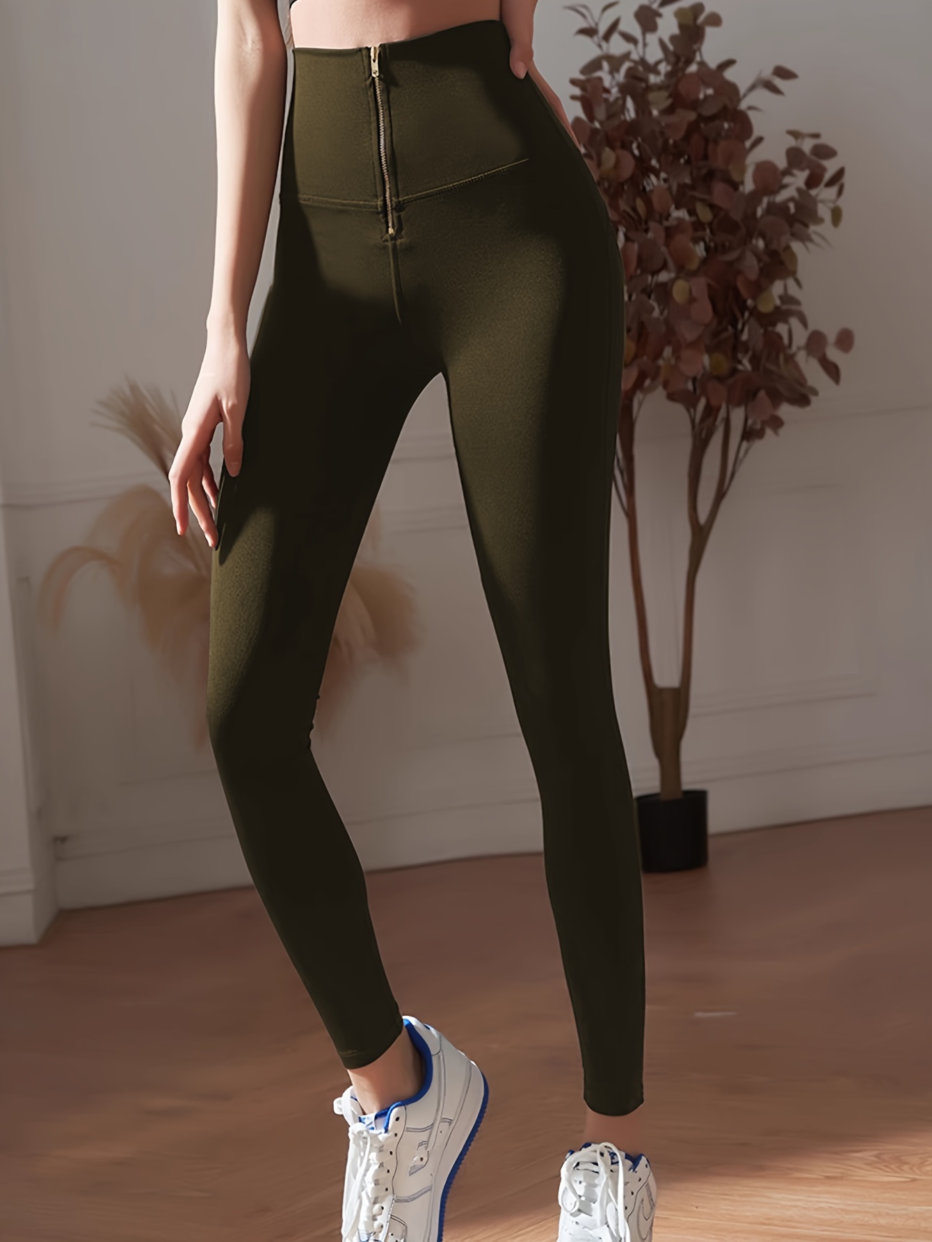 Solid Zip Front Skinny Leggings Casual High Waist Stretchy - Temu