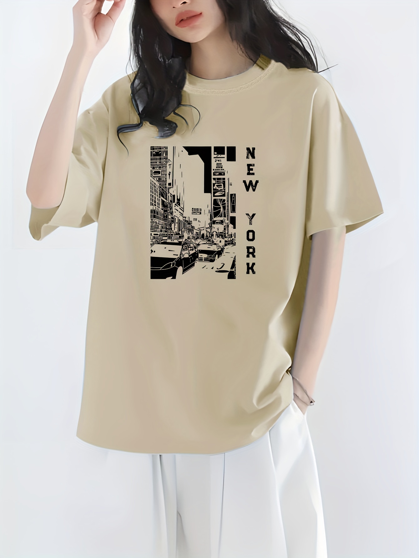 Letter NEW YORK Graphic Printed Short Sleeve Oversized T-shirt In WHITE