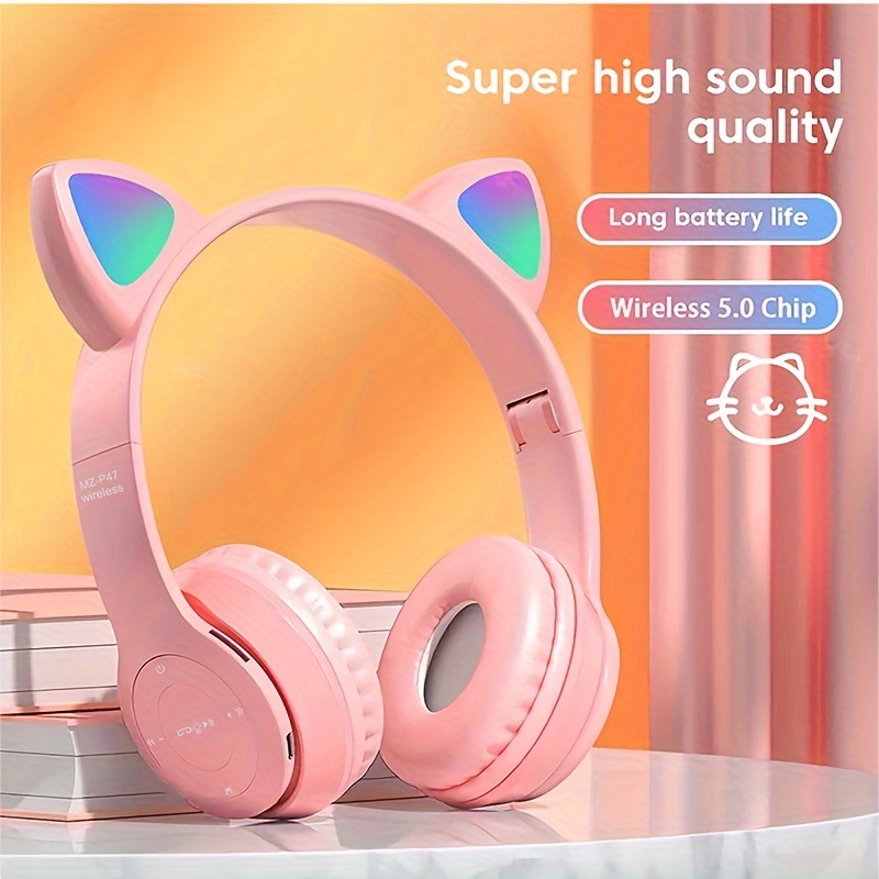 Casque Bluetooth avec oreilles de chat rose mignonnes, lumière LED, fille/NEUF