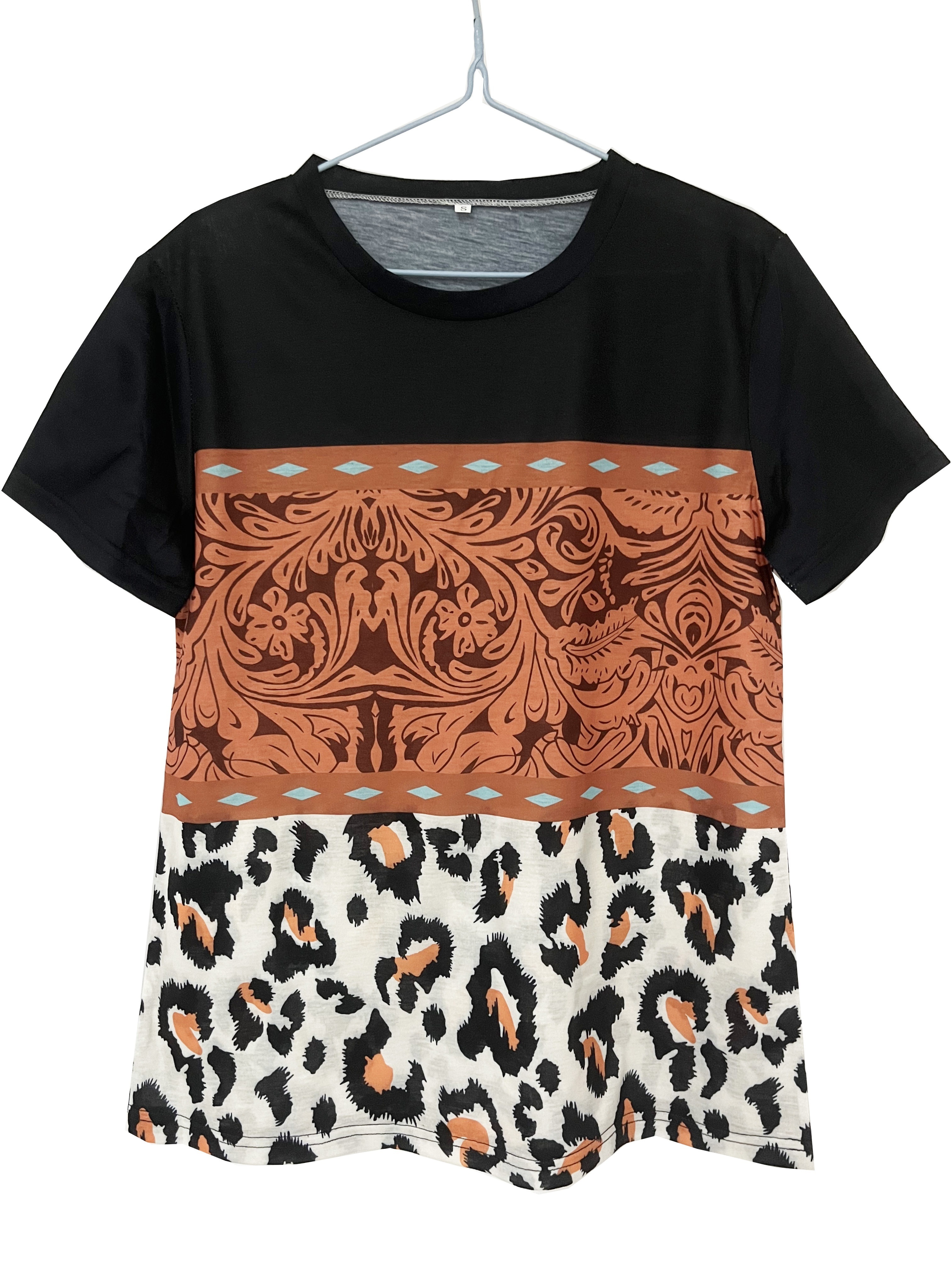 Leopard Heart Print T-shirt, Short Sleeve Crew Neck Casual Top For Summer &  Spring, Women's Clothing - Temu