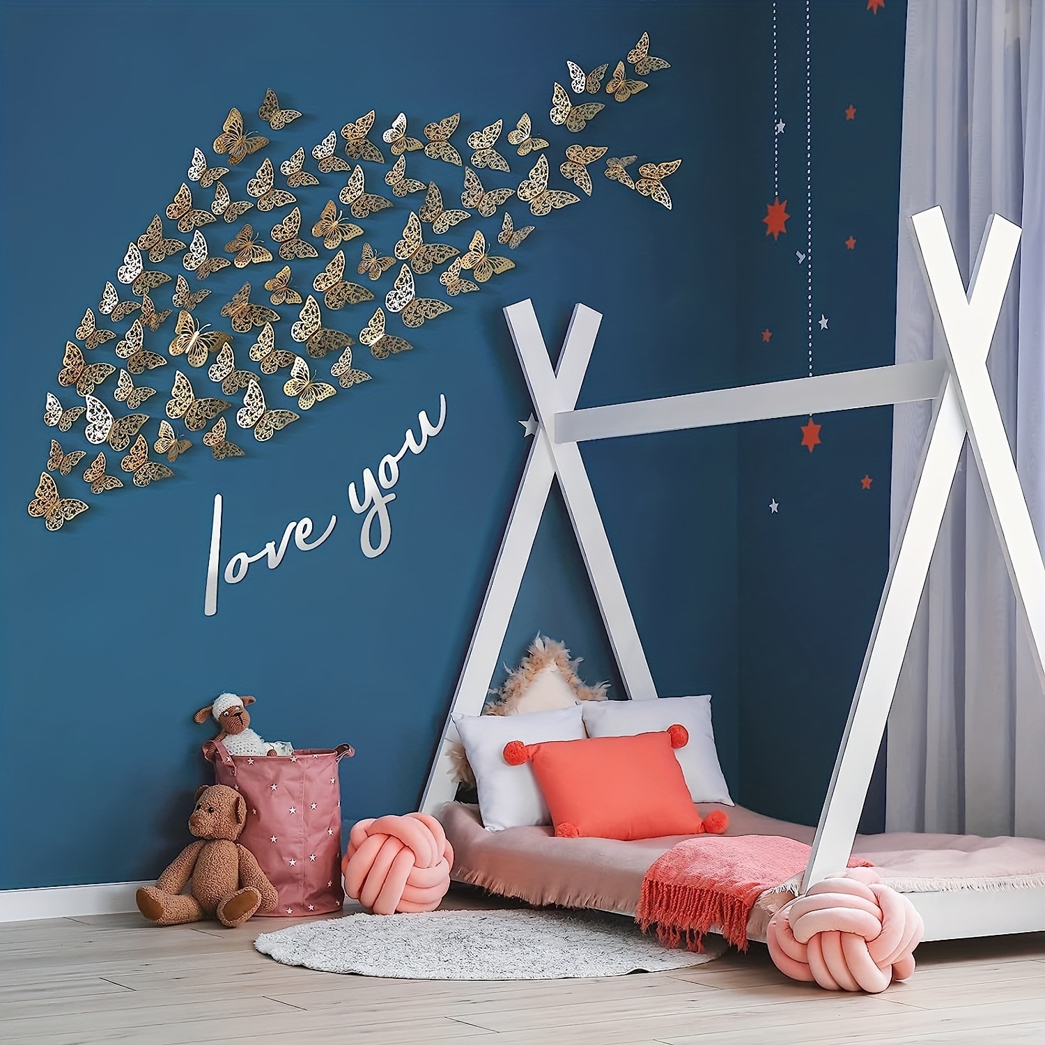 

48pcs/set Artistic Wall Decal, 3d Gold Butterfly Hollow Out Mural, Self-adhesive Wall Art Sticker For Bedroom, Entryway, Living Room, Office, Porch, Background Wall Decor, Home Decoration