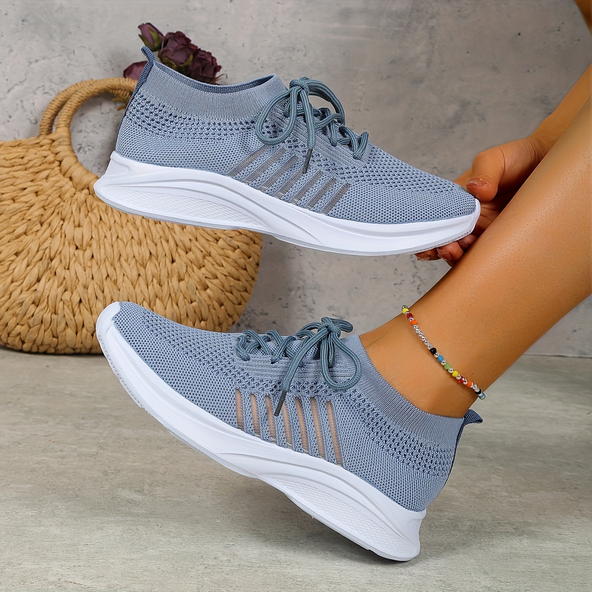 Women's Casual Sneakers Knit Breathable Solid Soft Sole Lace - Temu