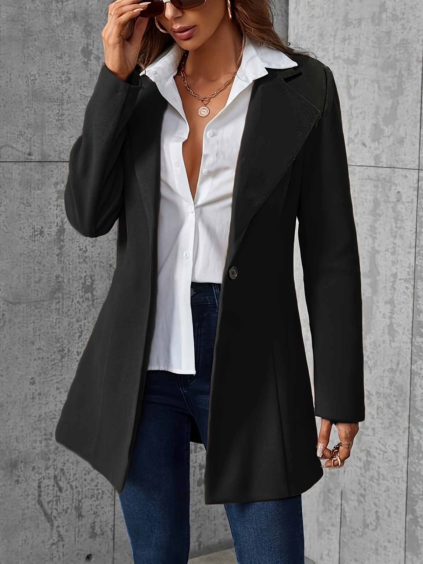 One Button Solid Fall Winter Jacket Elegant Lapel Long - Temu