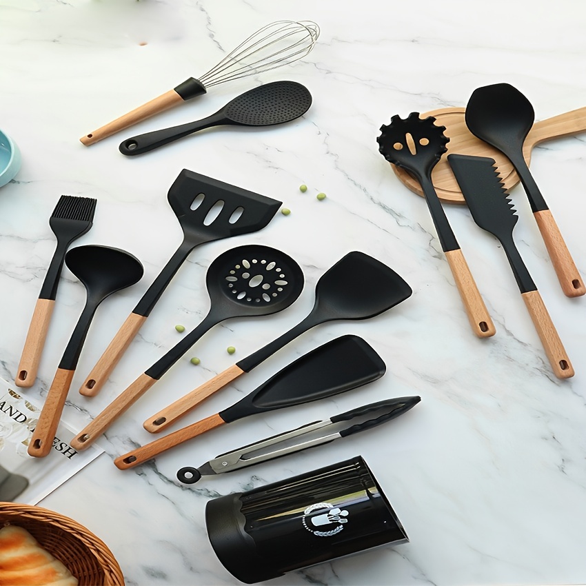 Silicone Kitchen Utensils With Wooden Handle Kitchen Gadgets - Temu