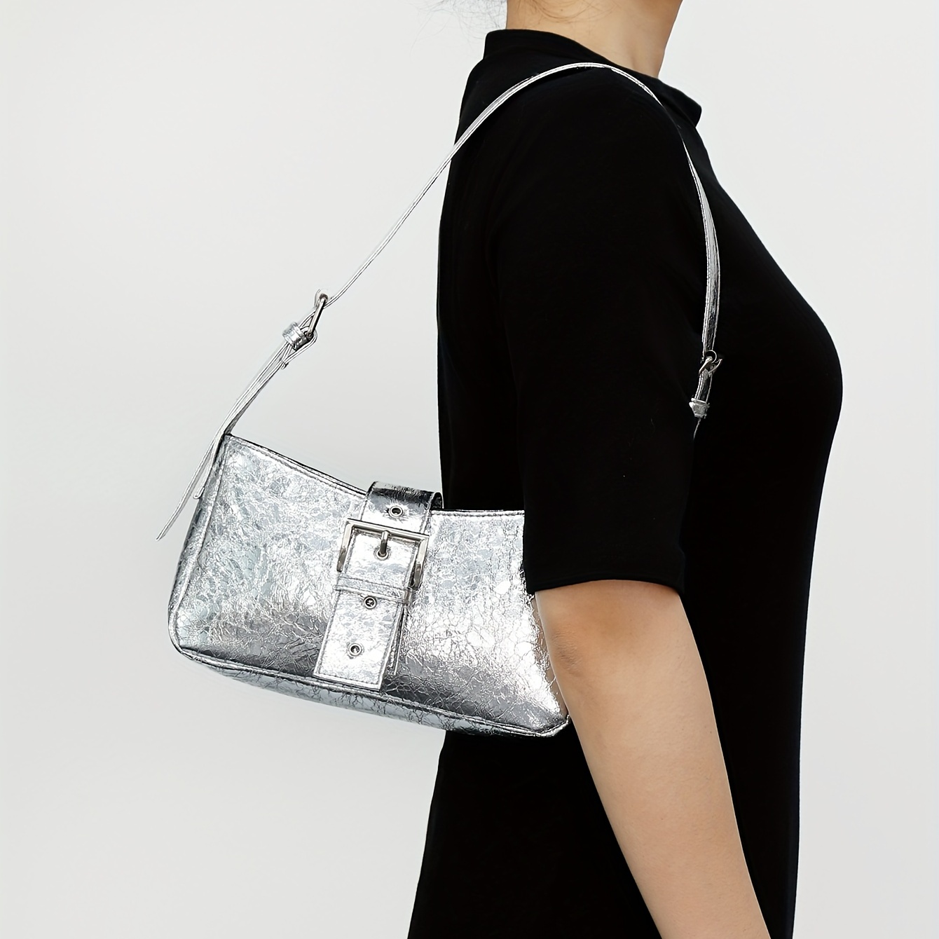 PU Leather Buckle Decor Shoulder Bag with Silver Zipper