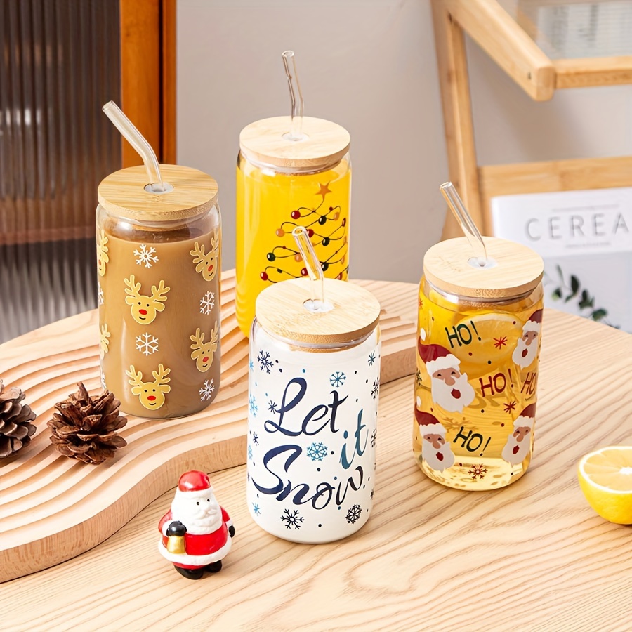 1pc Ice Coffee Cup with Bamboo Lids and Glass Straw,16oz Sublimation Boho  Printed Can Glasses