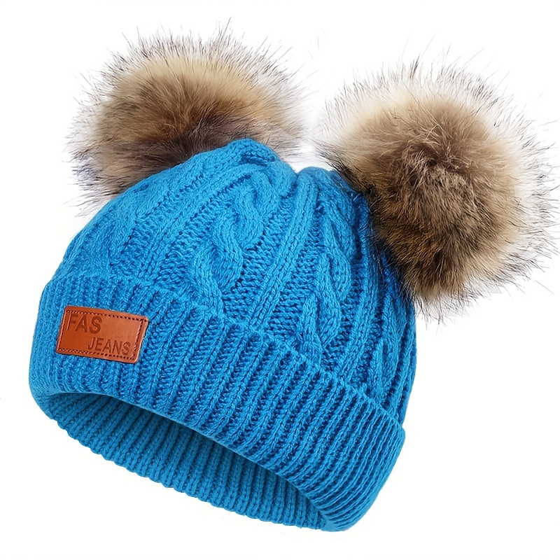 Children Plain Color Wool Knitted Beanie Hat With Fur Ball - Temu