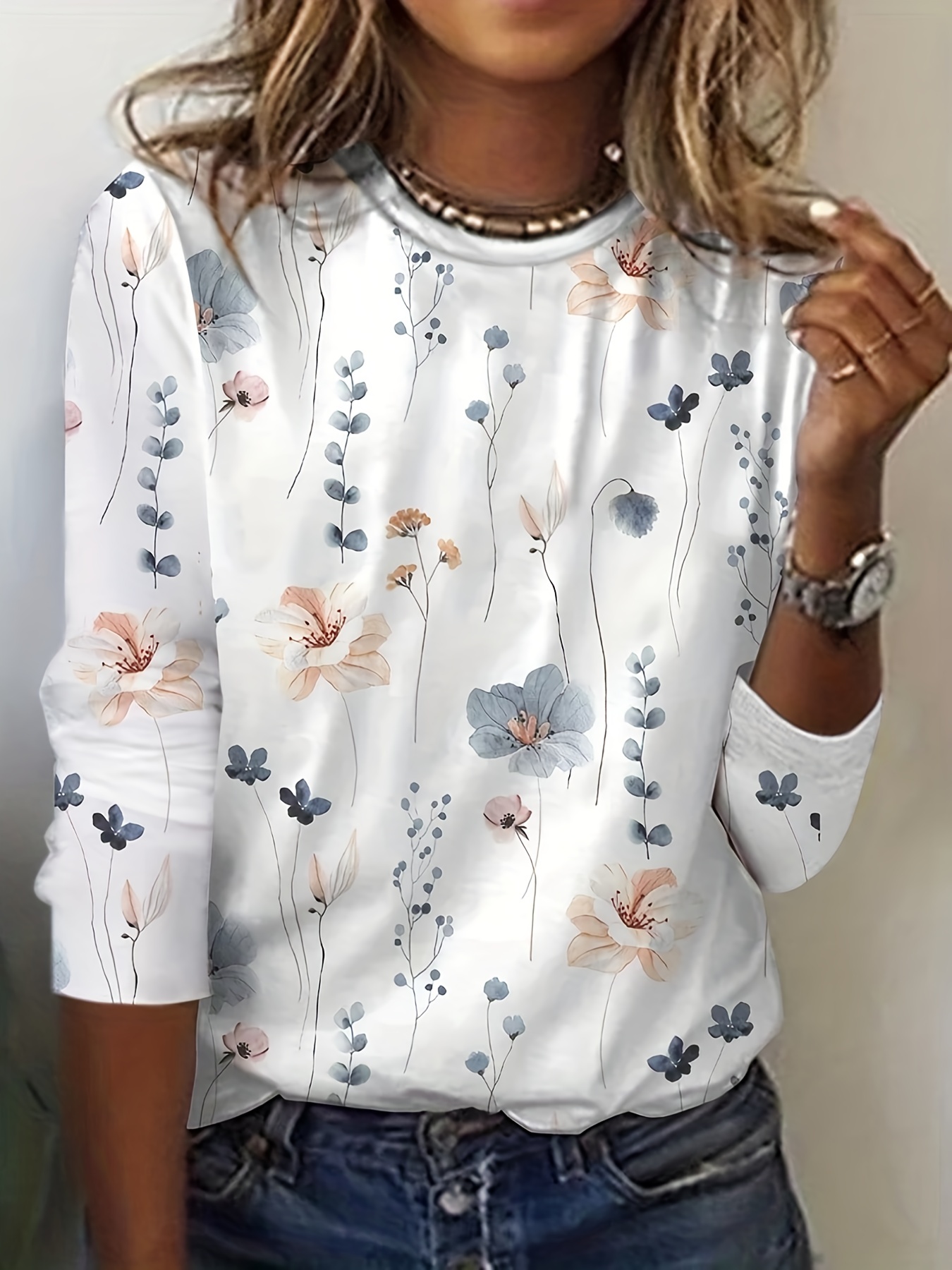 Çiçek Desenli Yaka T-Shirt, Bahar ve Sonbahar için Rahat Uzun Kollu T-Shirt, Kadın Giyim