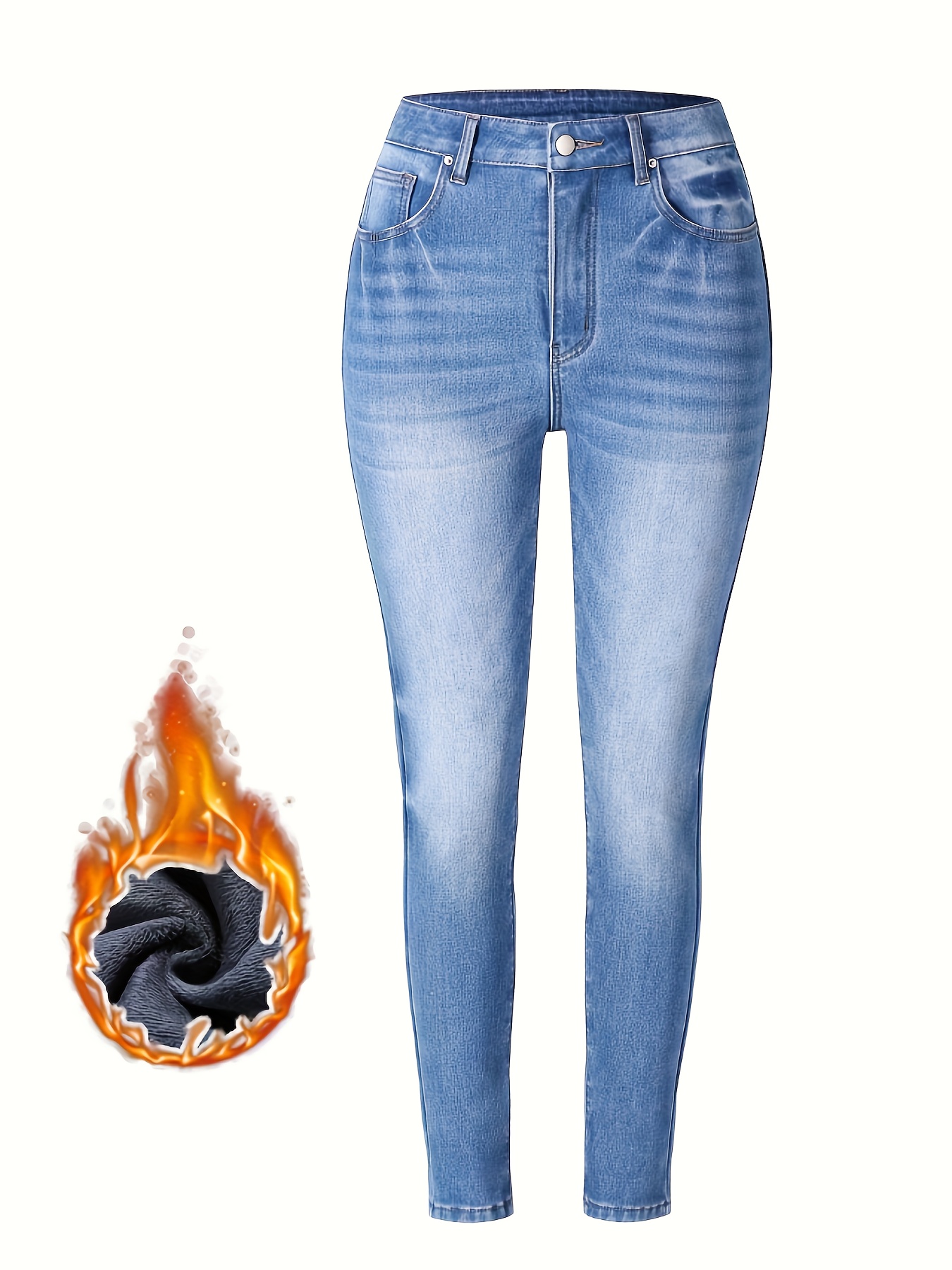 Fleece Liner Casual Skinny Jeans High Stretch Slant Pockets - Temu