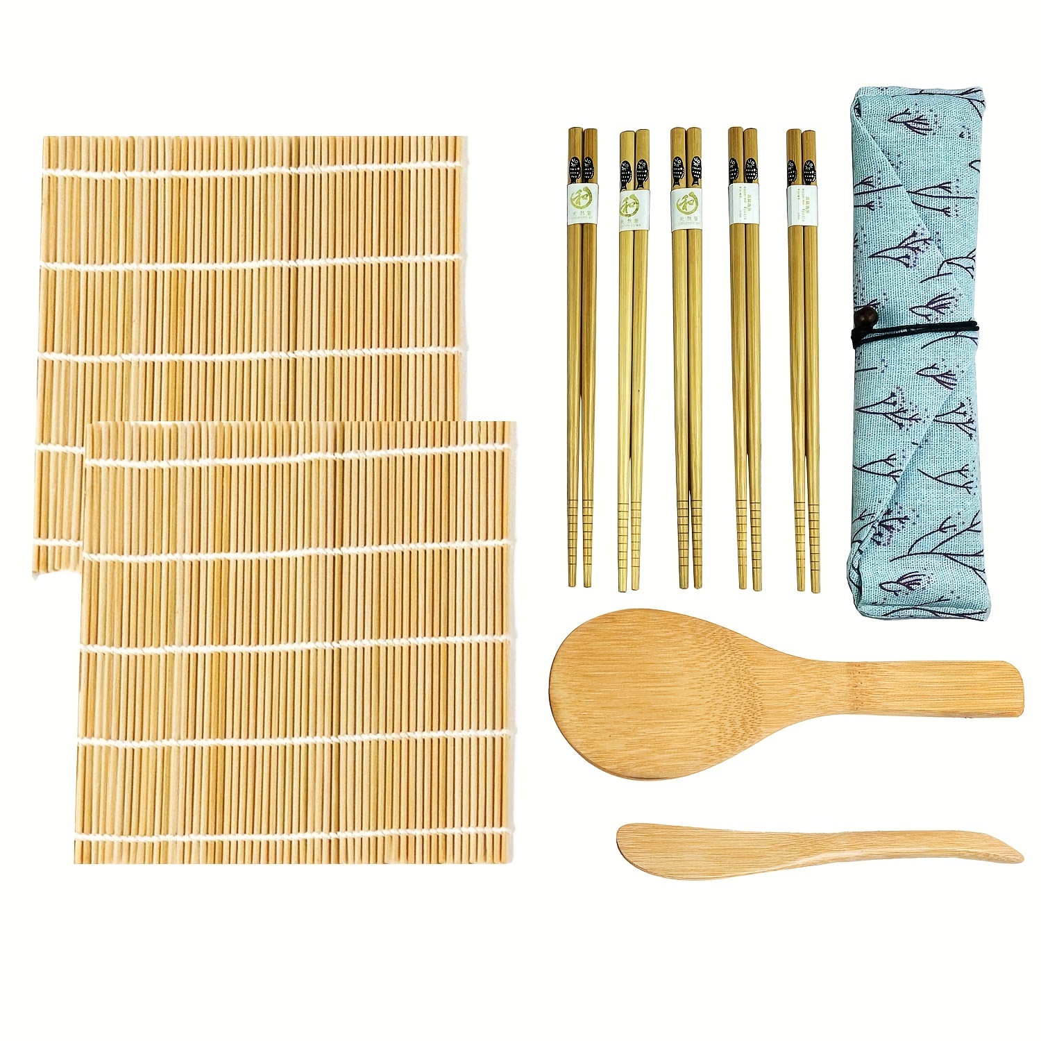 Bamboo Sushi Making Kit with 2 Rolling Mats - 5 Pairs Chopsticks - Rice Paddle