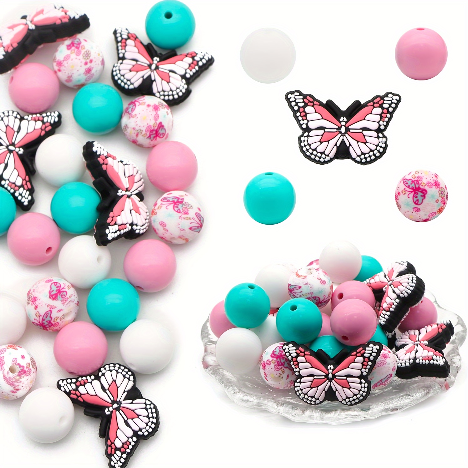 

40pcs 15mm Silicone Solid Colorful With Butterfly Shape Beads For Jewelry Making Diy Creative Key Bag Chain Pens Lanyards Bracelet Necklace Craft Supplies