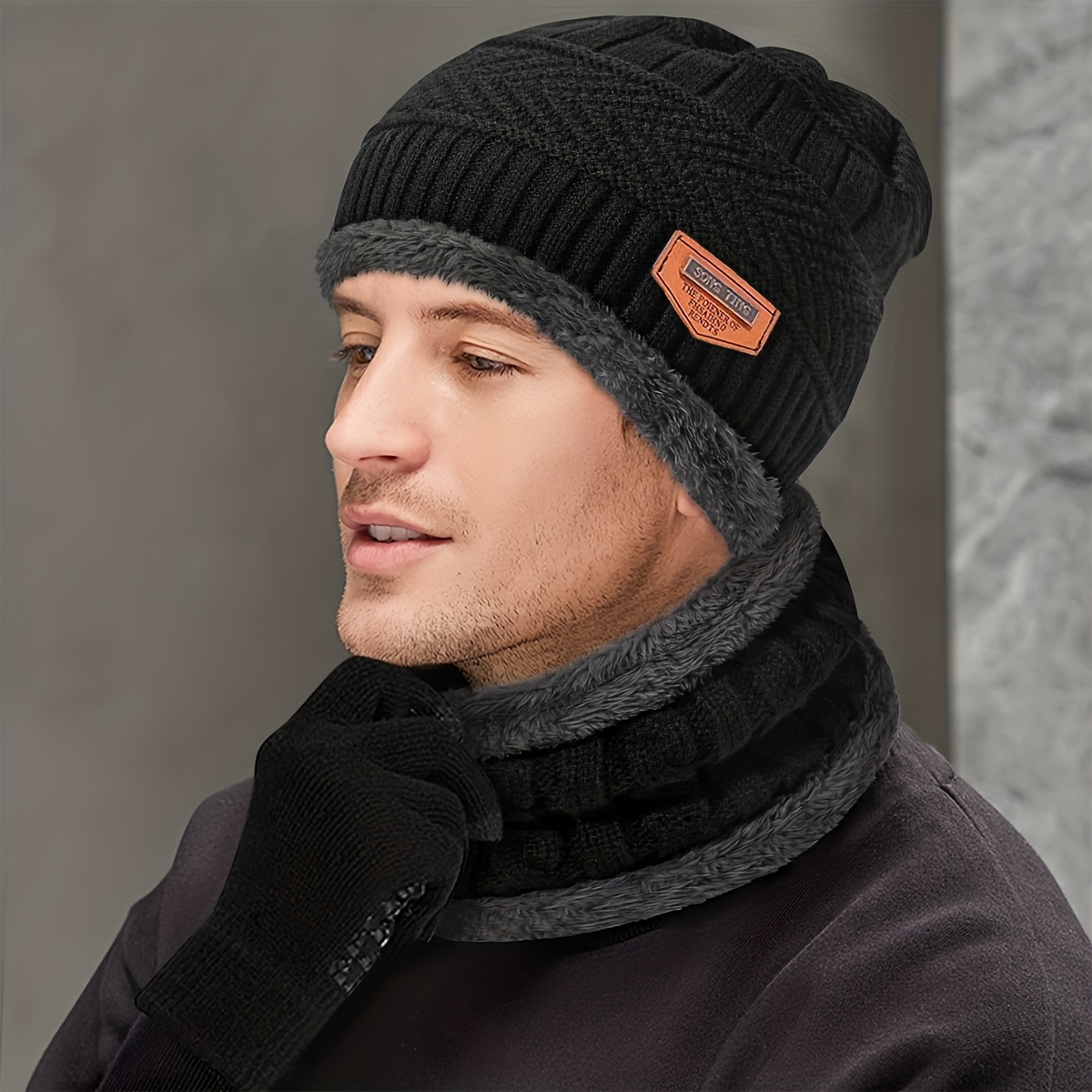 Trendy Winter Thick Fleece Lined Beanie Woolen Cap Hat, Neck